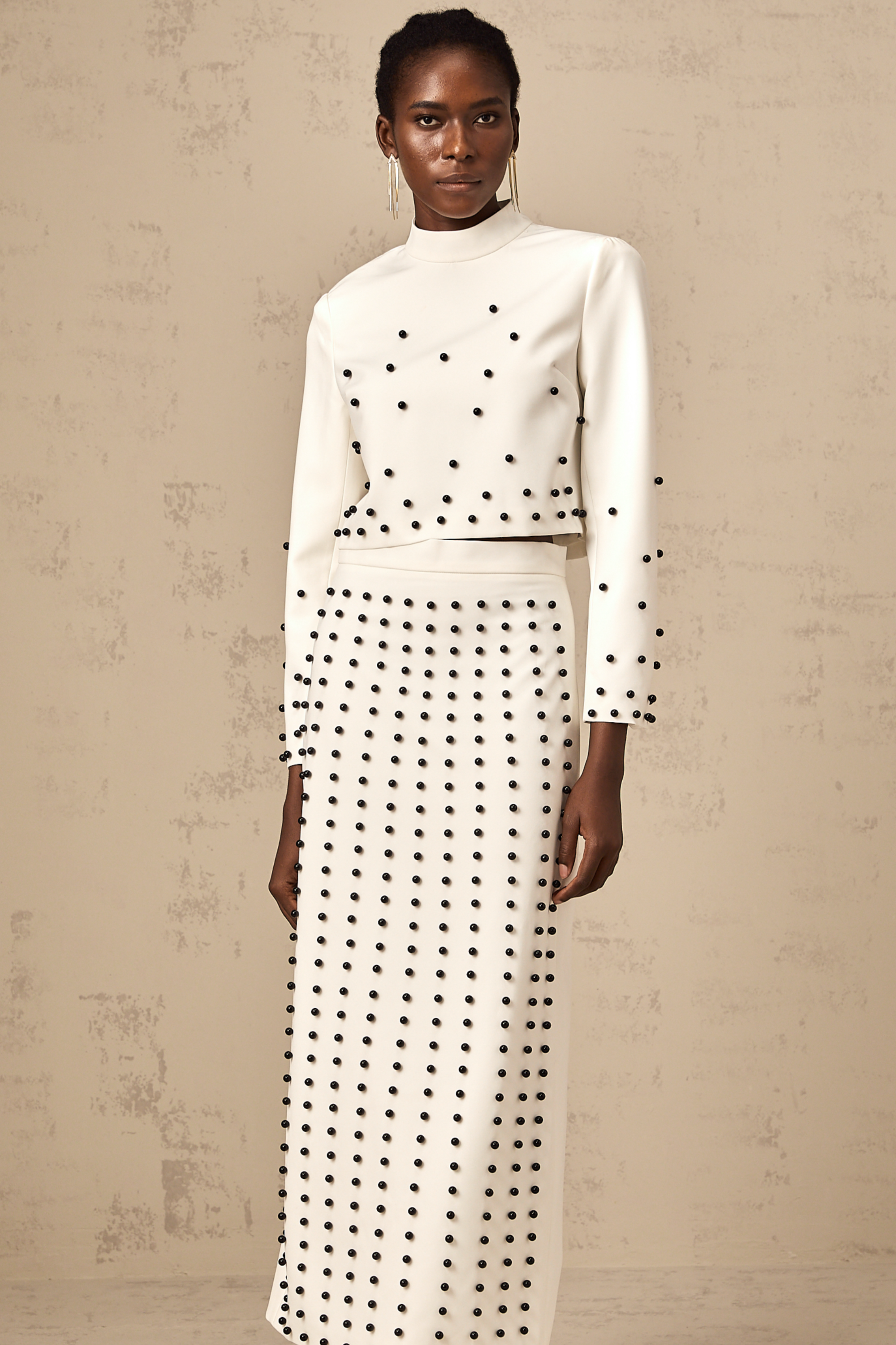 Marjolaine white faux-pearl top & skirt matching set