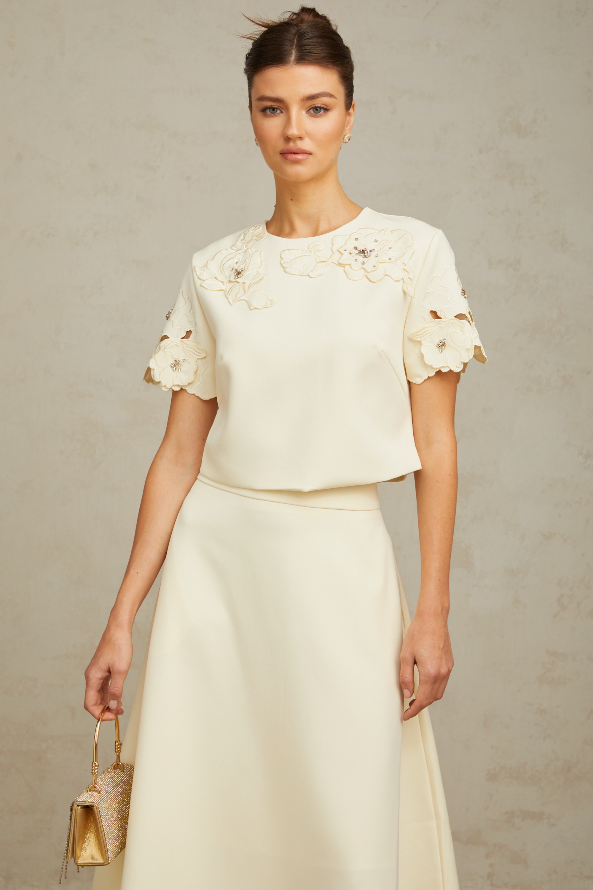 Coralie neutrals 3D-petal top & skirt matching set