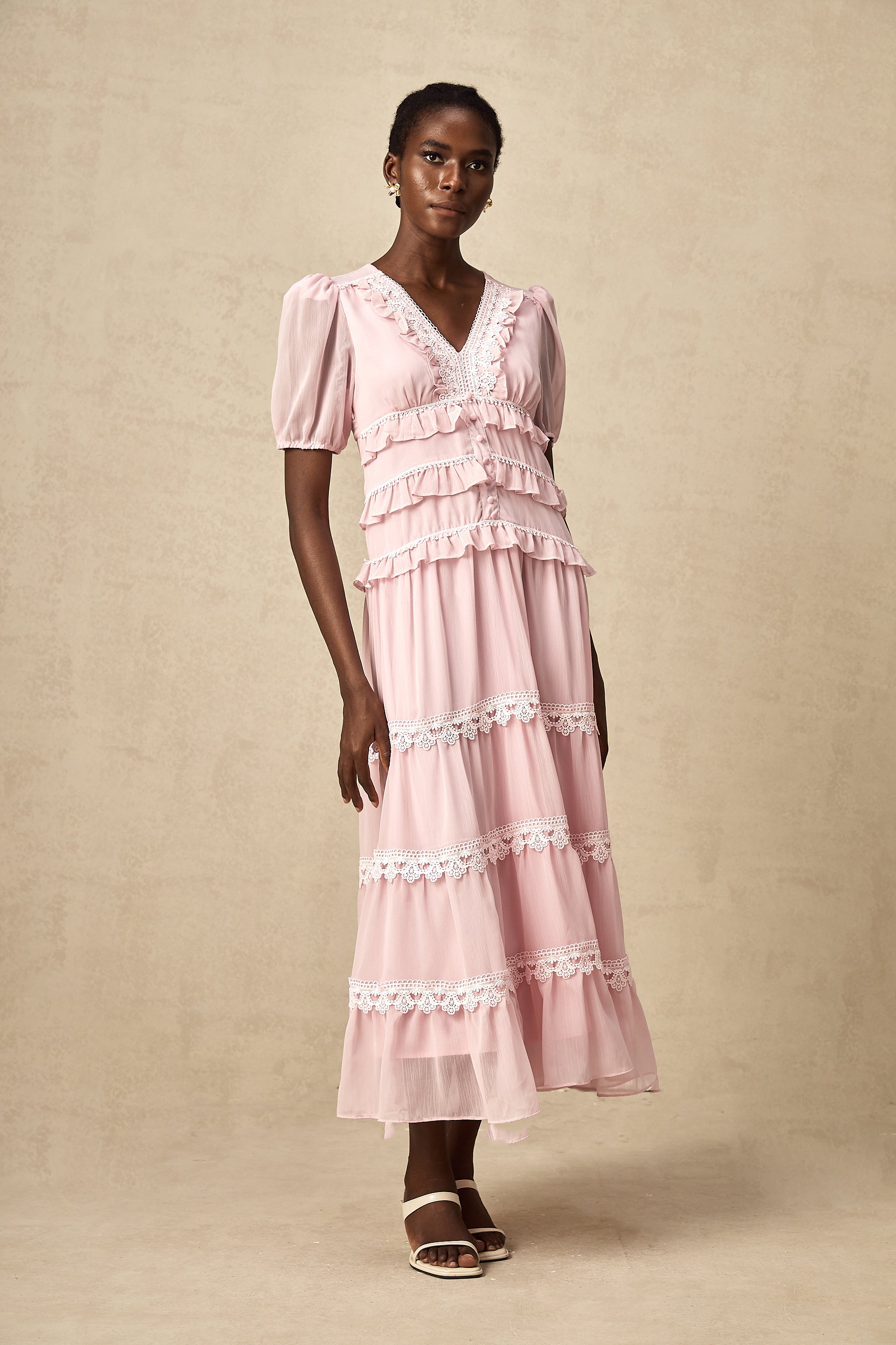 Amelie pink ruffled tiered midi dress