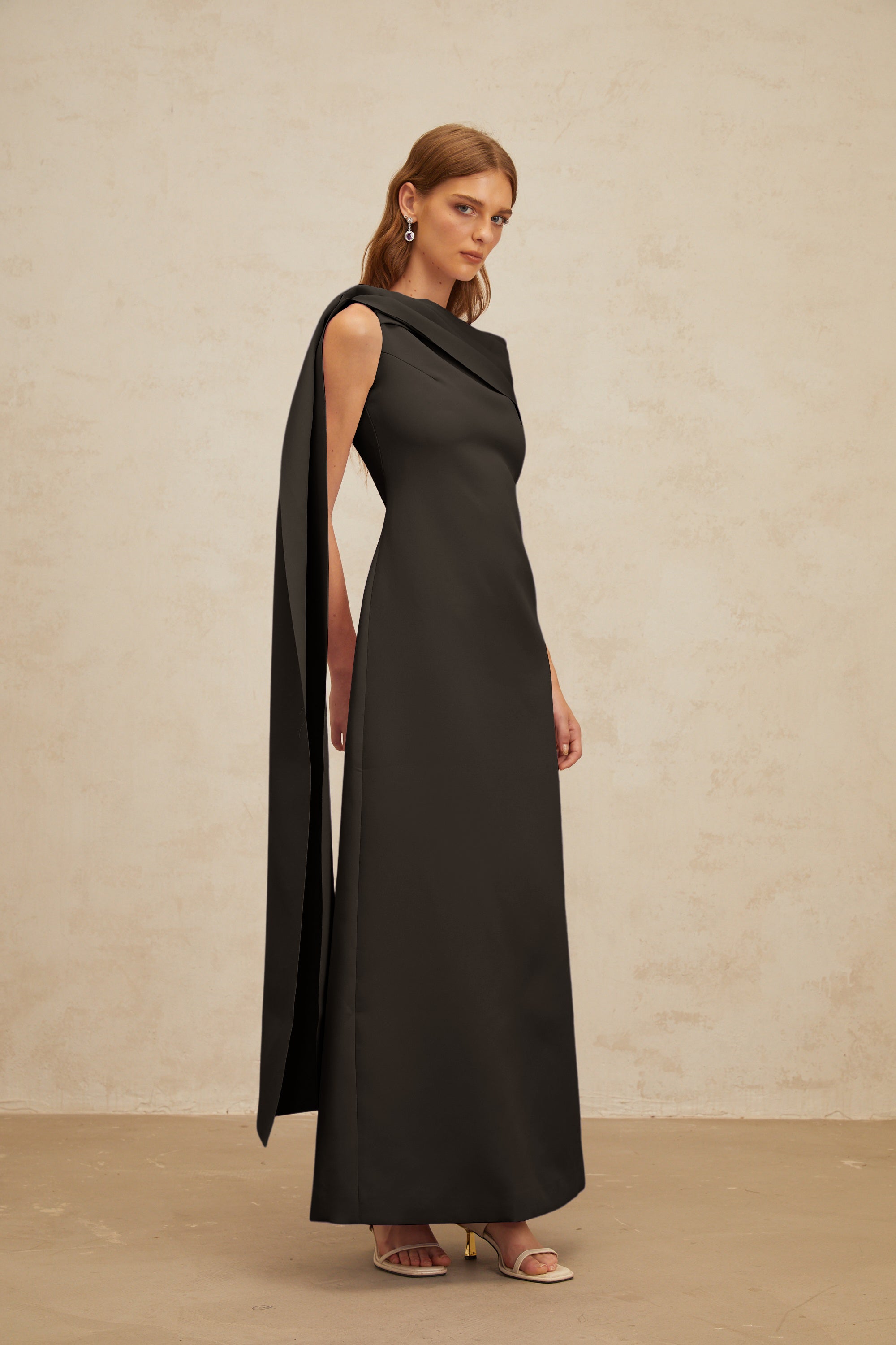 Annabelle Black Cape-Design Ribbon Maxi Dress