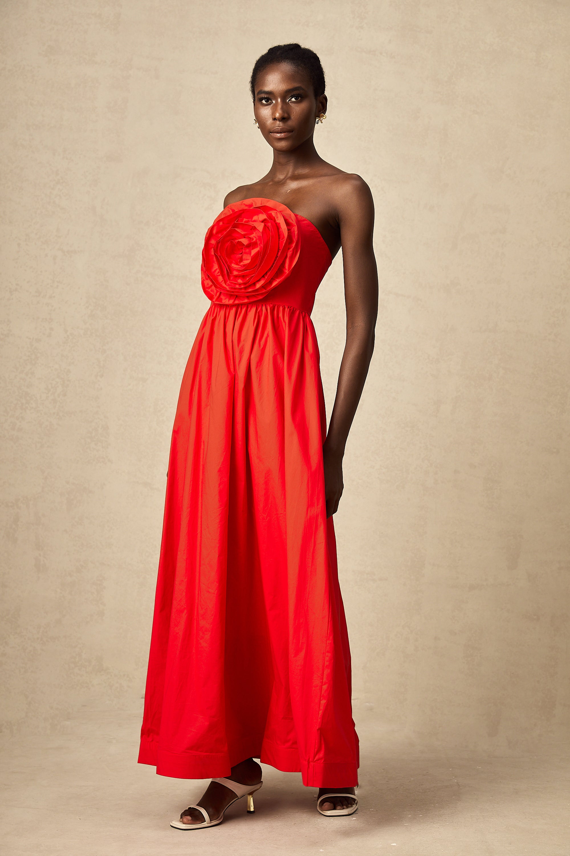 Assia red 3d-petal ruffled maxi dress