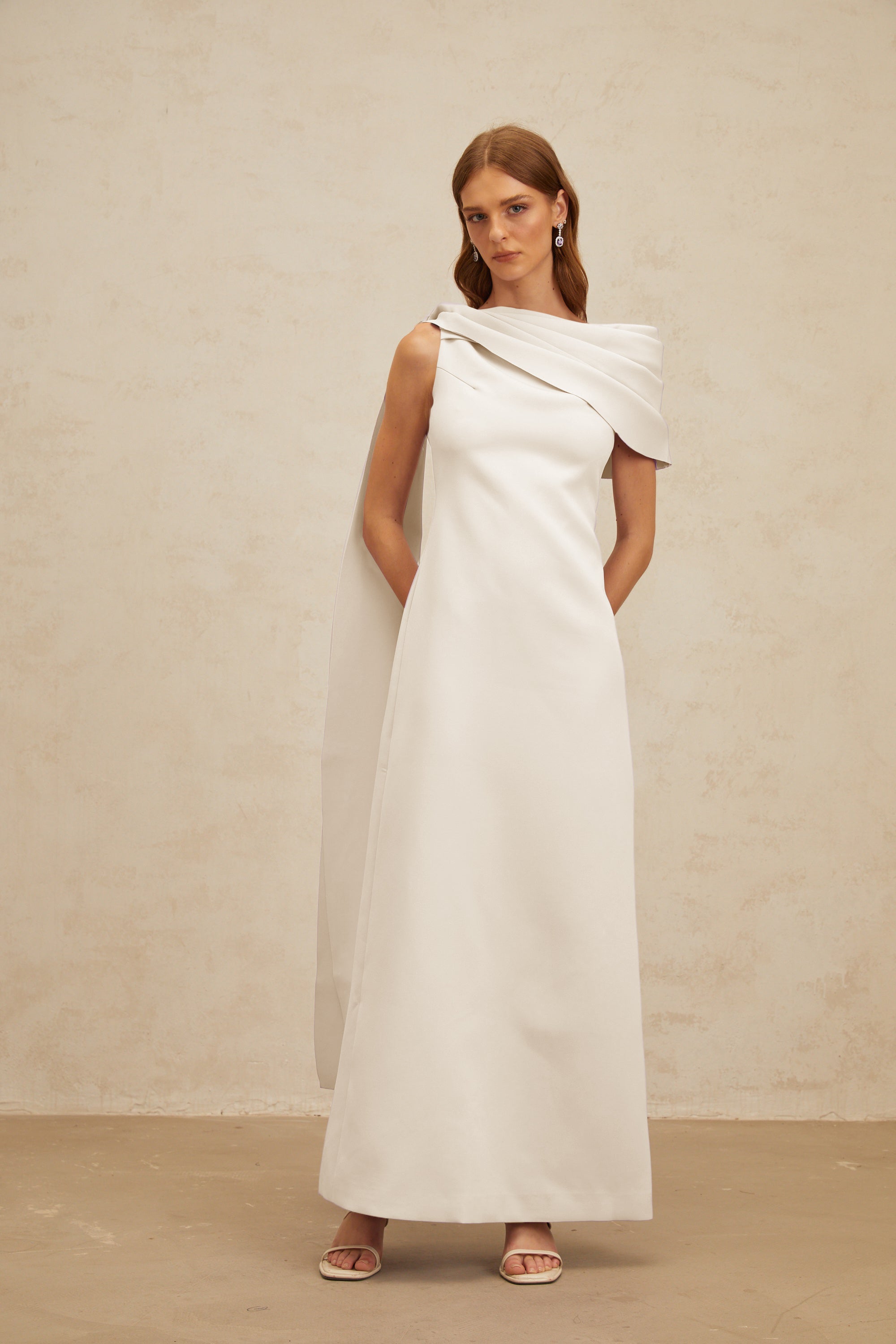 Annabelle White Cape-Design Ribbon Maxi Dress
