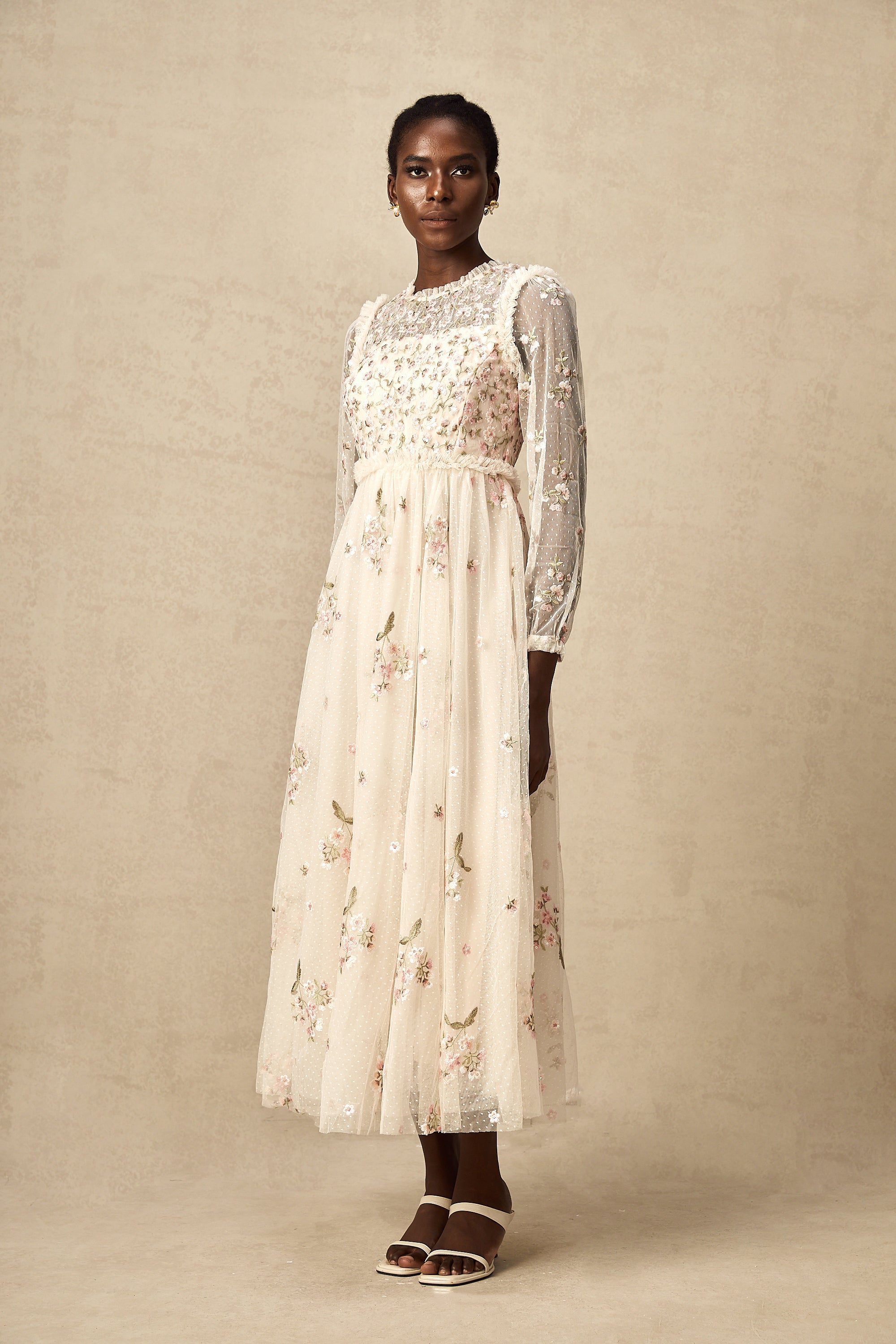 Celine floral-embroidery tulle midi dress