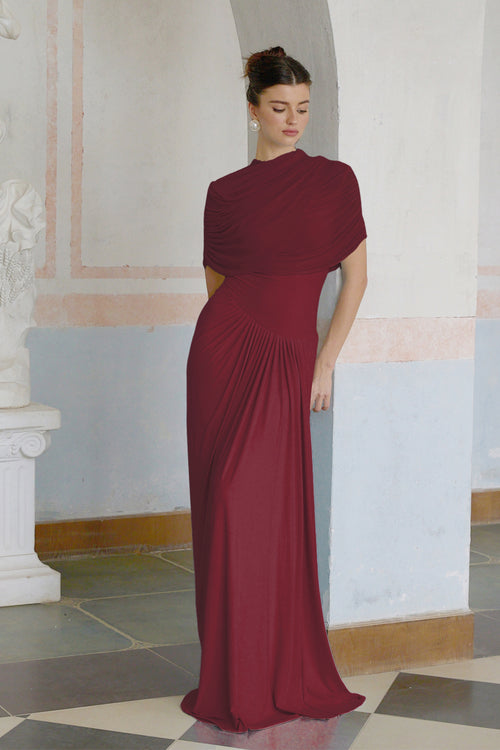 Catherine Red Asymmetrical Pleated Long-Sleeve Maxi Dress main image 1