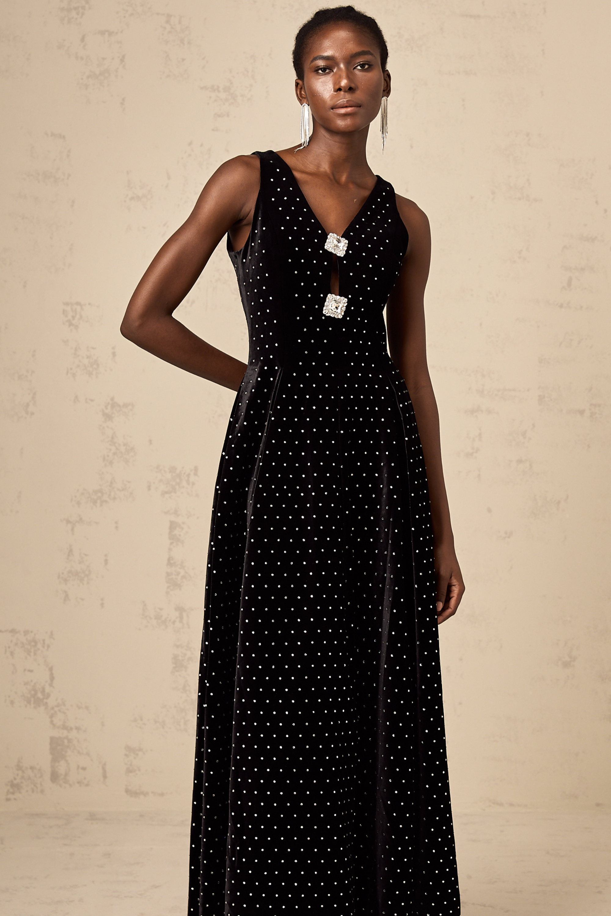 Bianca black crystal-embellished polka-dot maxi dress