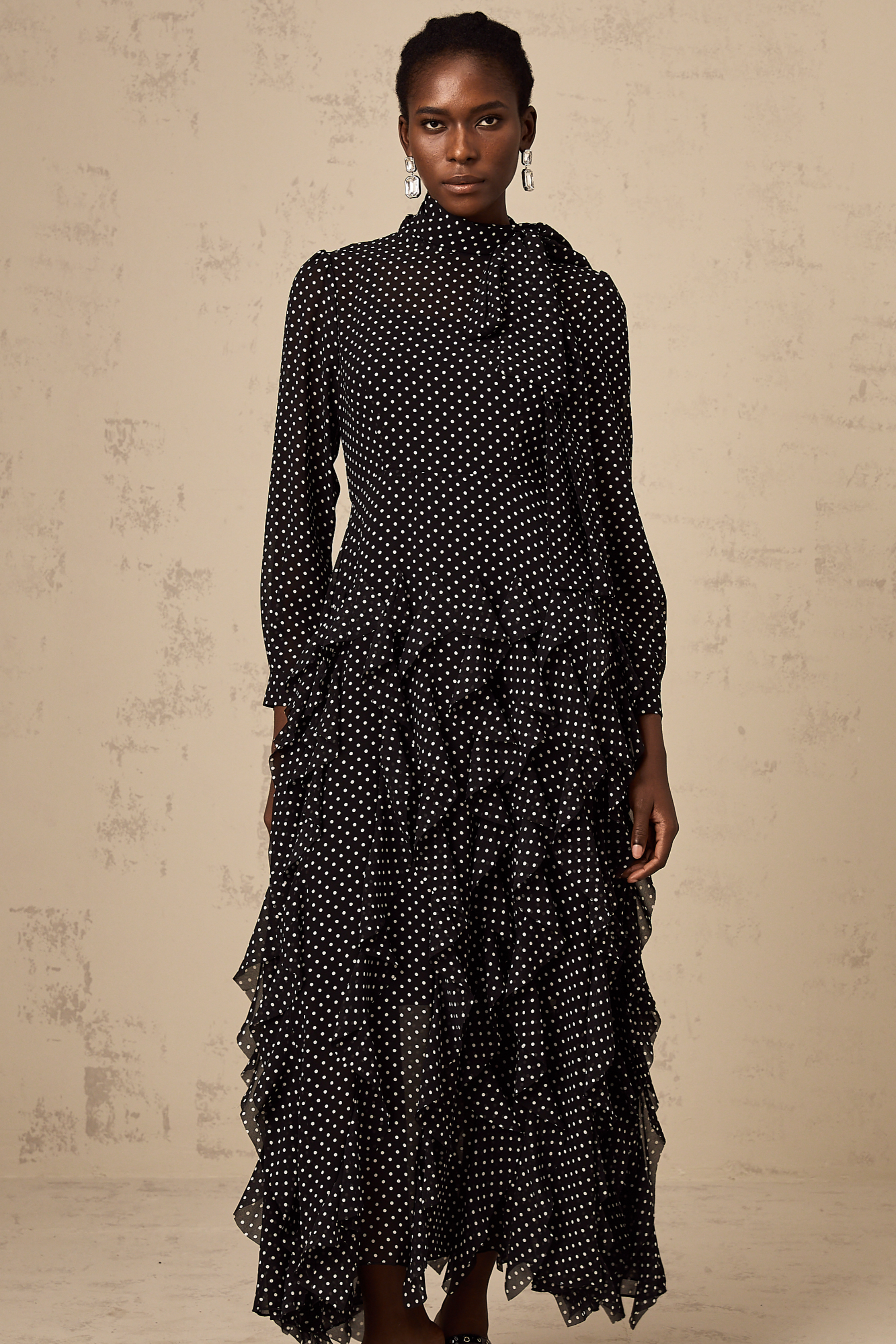 Coraline black polka-dot ruffled midi dress