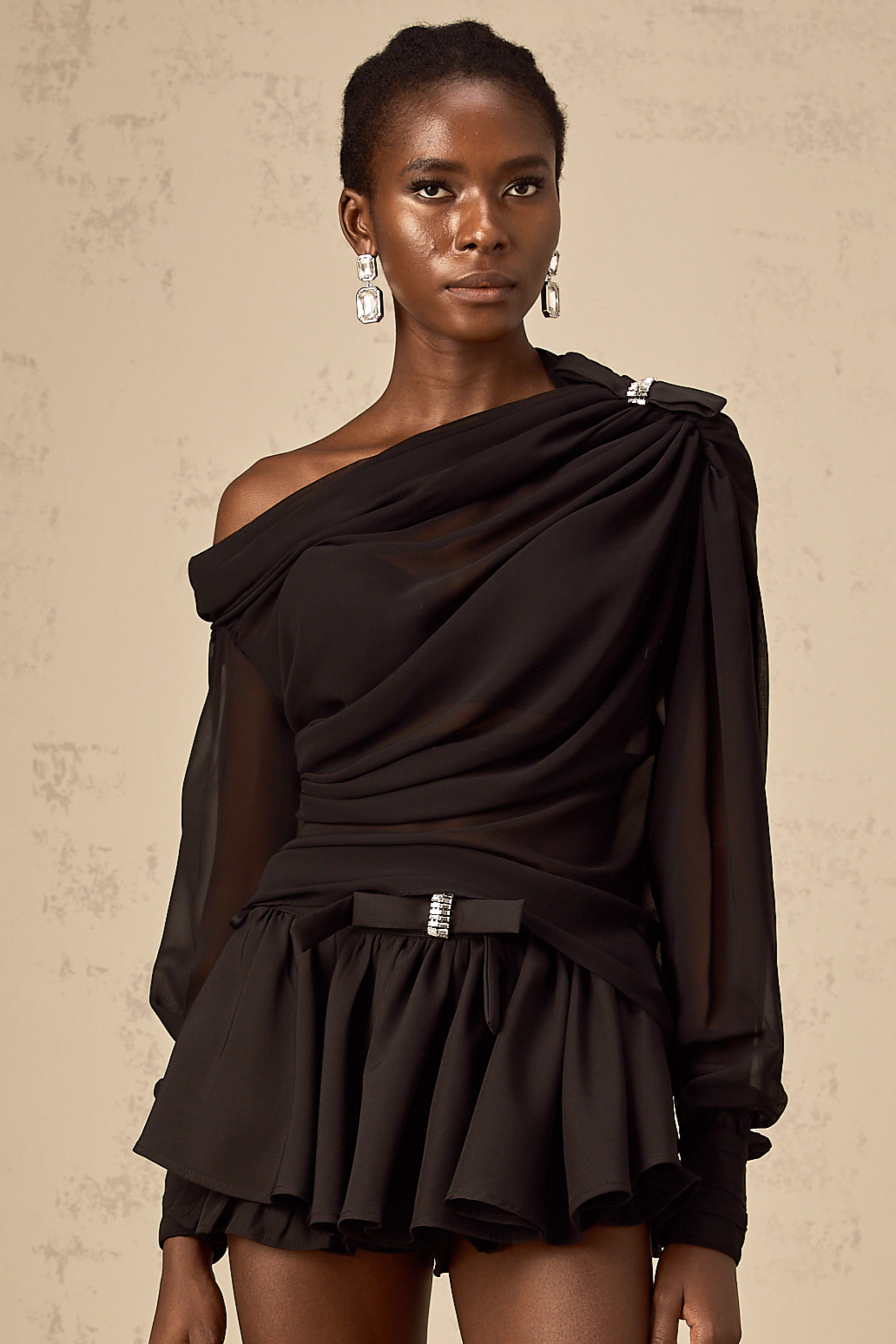 Andrea black asymmetric tulle blouse & skirt matching set