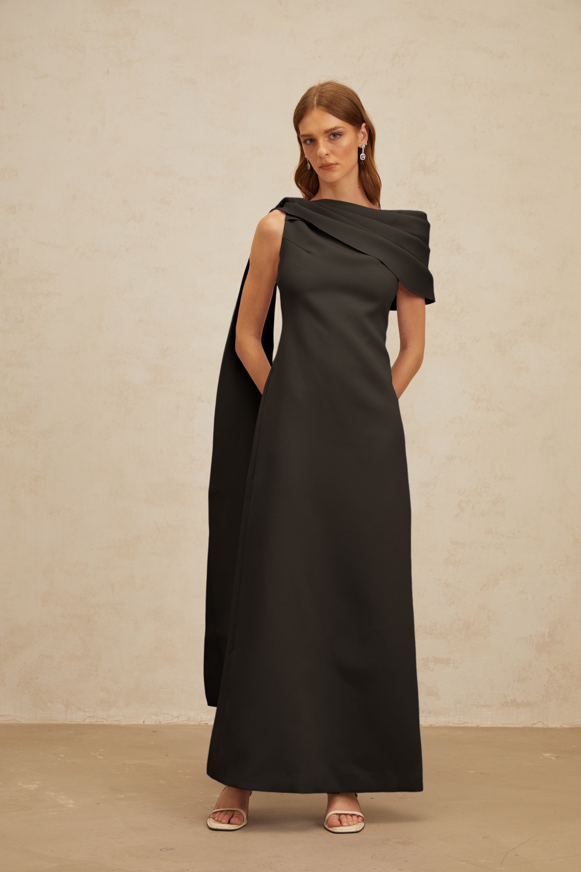 Annabelle Black Cape-Design Ribbon Maxi Dress
