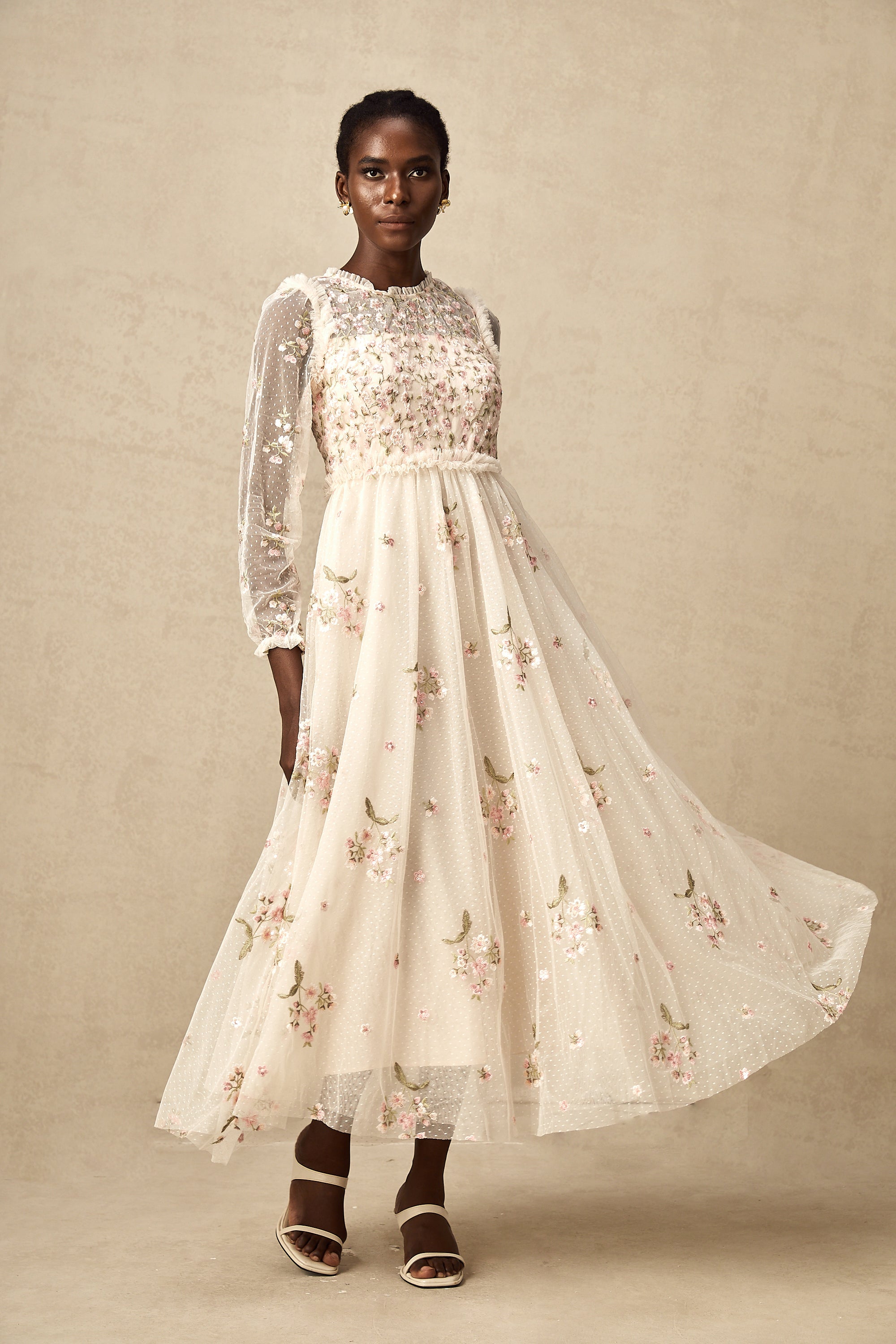 Celine floral-embroidery tulle midi dress