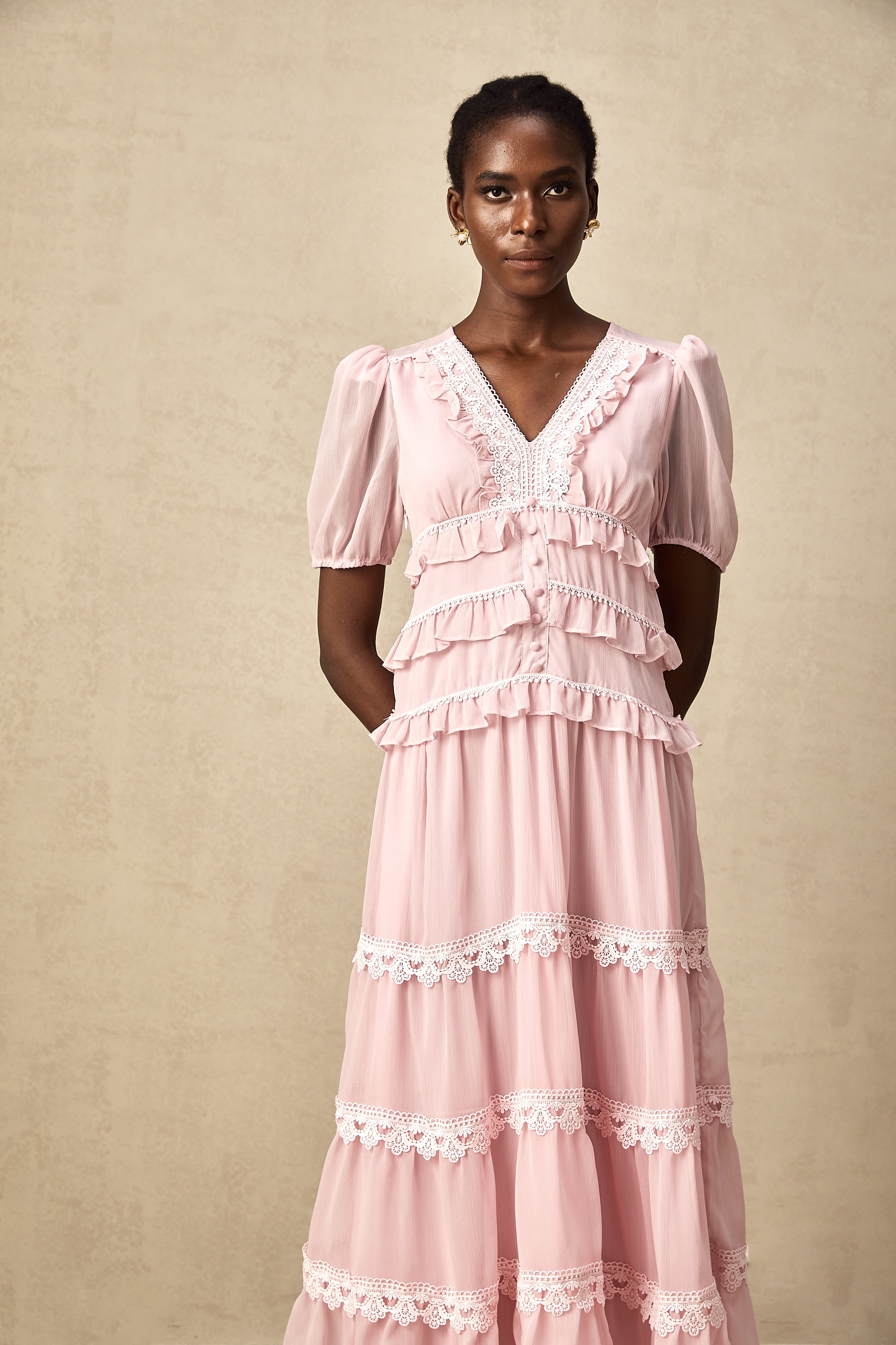 Amelie pink ruffled tiered midi dress