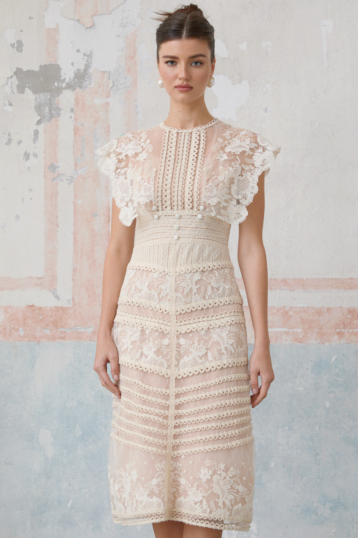 Fleur floral-embroidered lace midi dress in Neutrals M / Neutrals Fleur floral-embroidered lace midi dress in Neutrals M / Neutrals