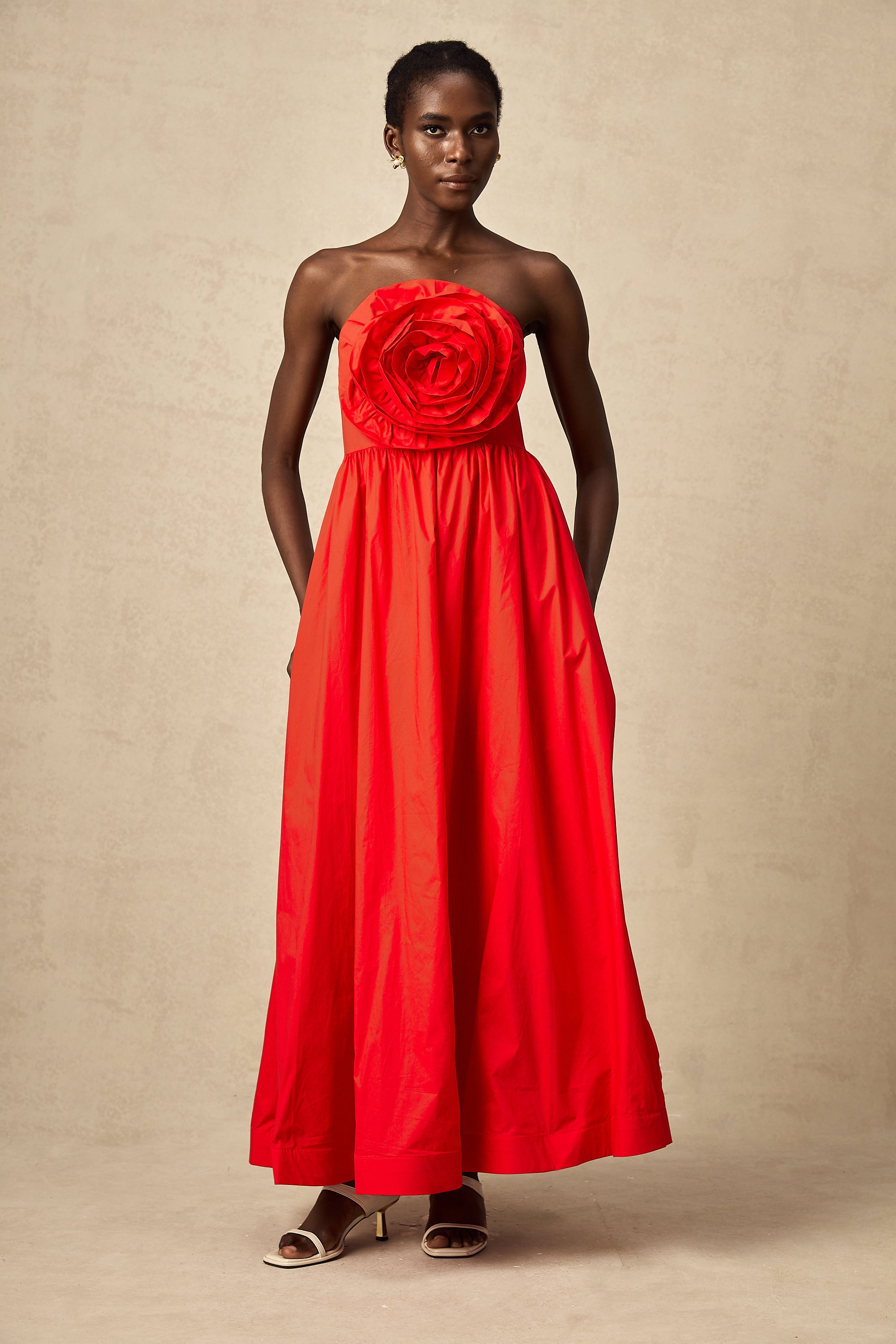 Assia red 3d-petal ruffled maxi dress