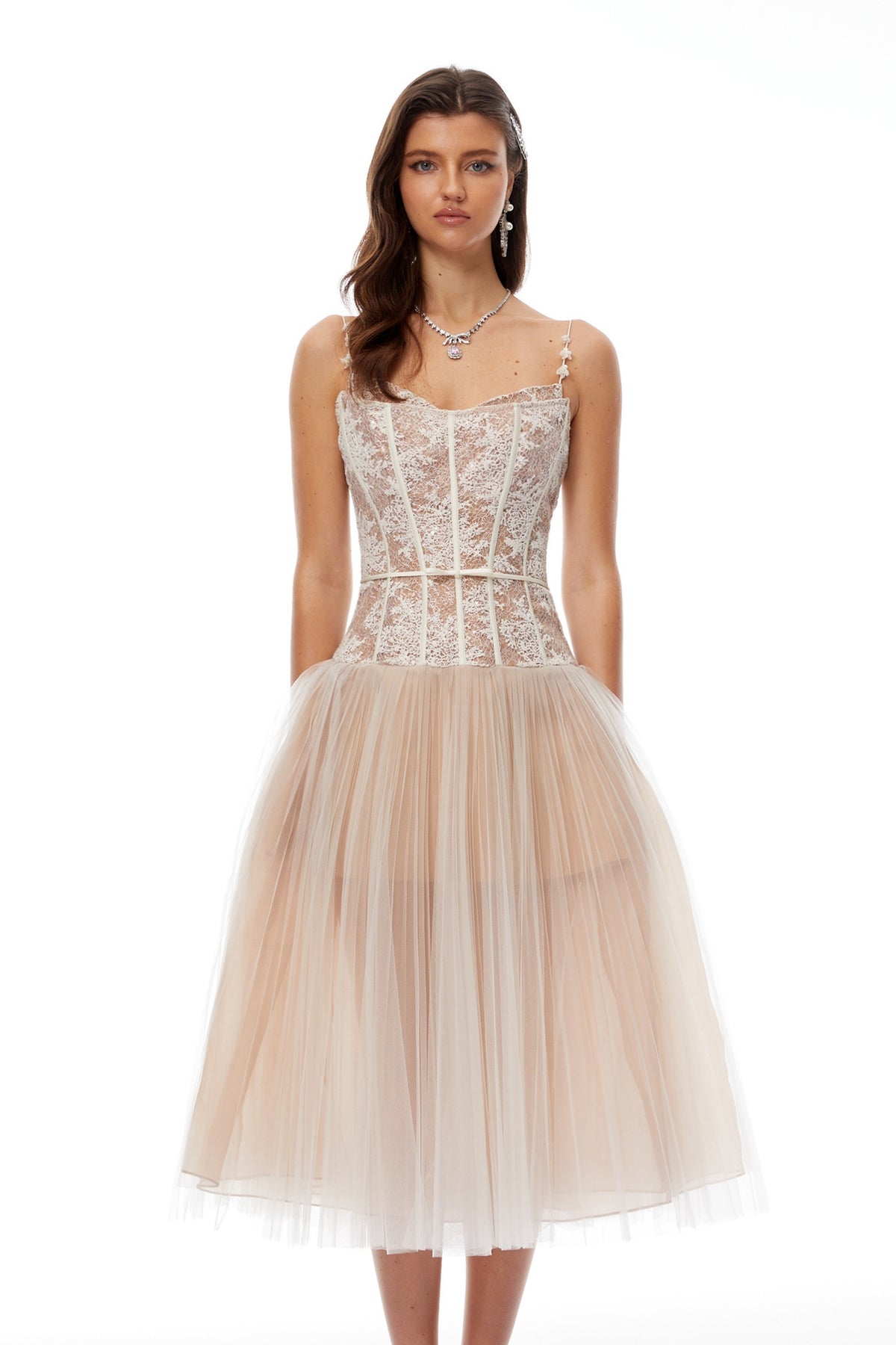mira organza corset midi dress Mira Neutrals Lace Panel Tulle Midi Dress