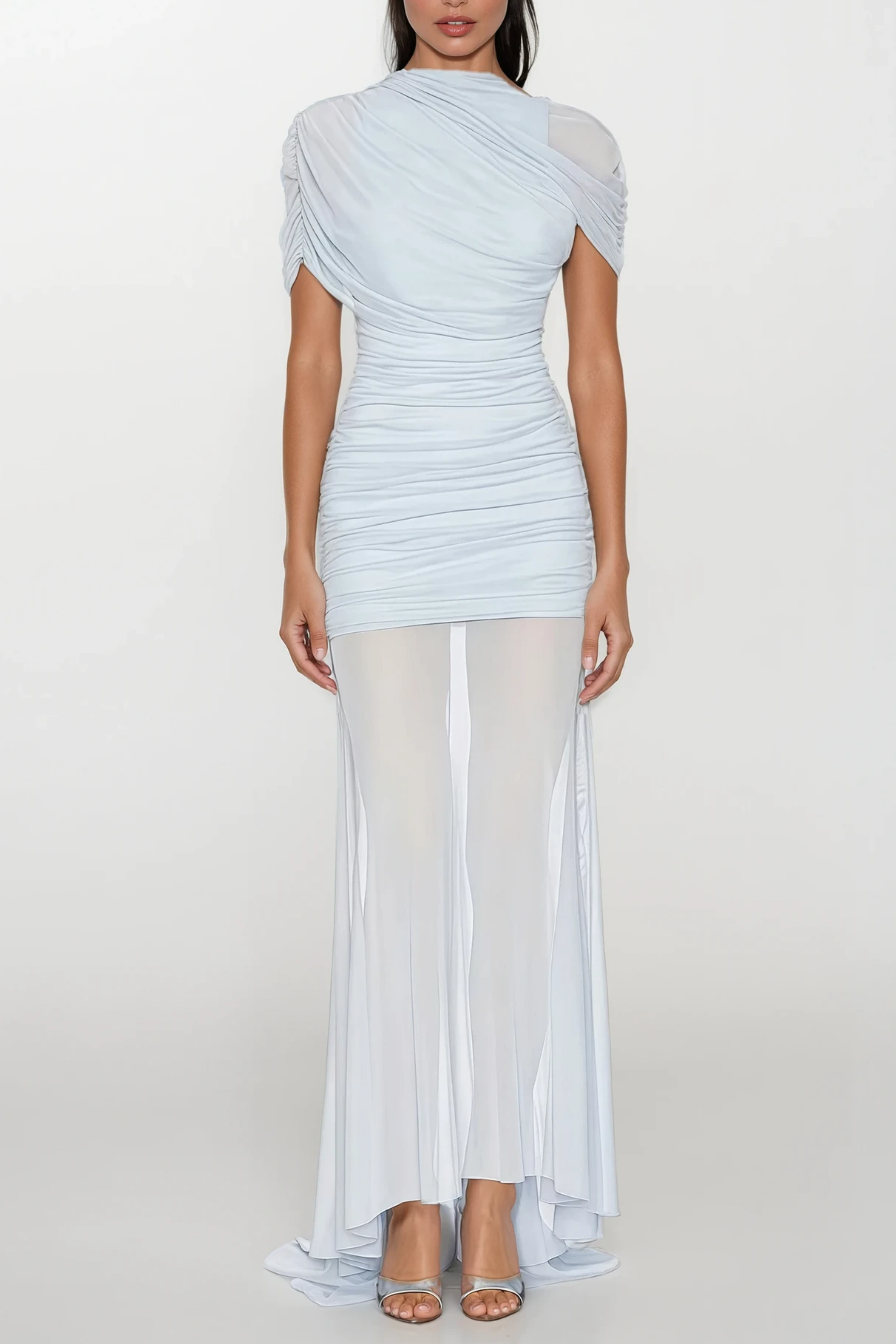 Sylphe Blue Asymmetrical Ruched Mesh Maxi Dress