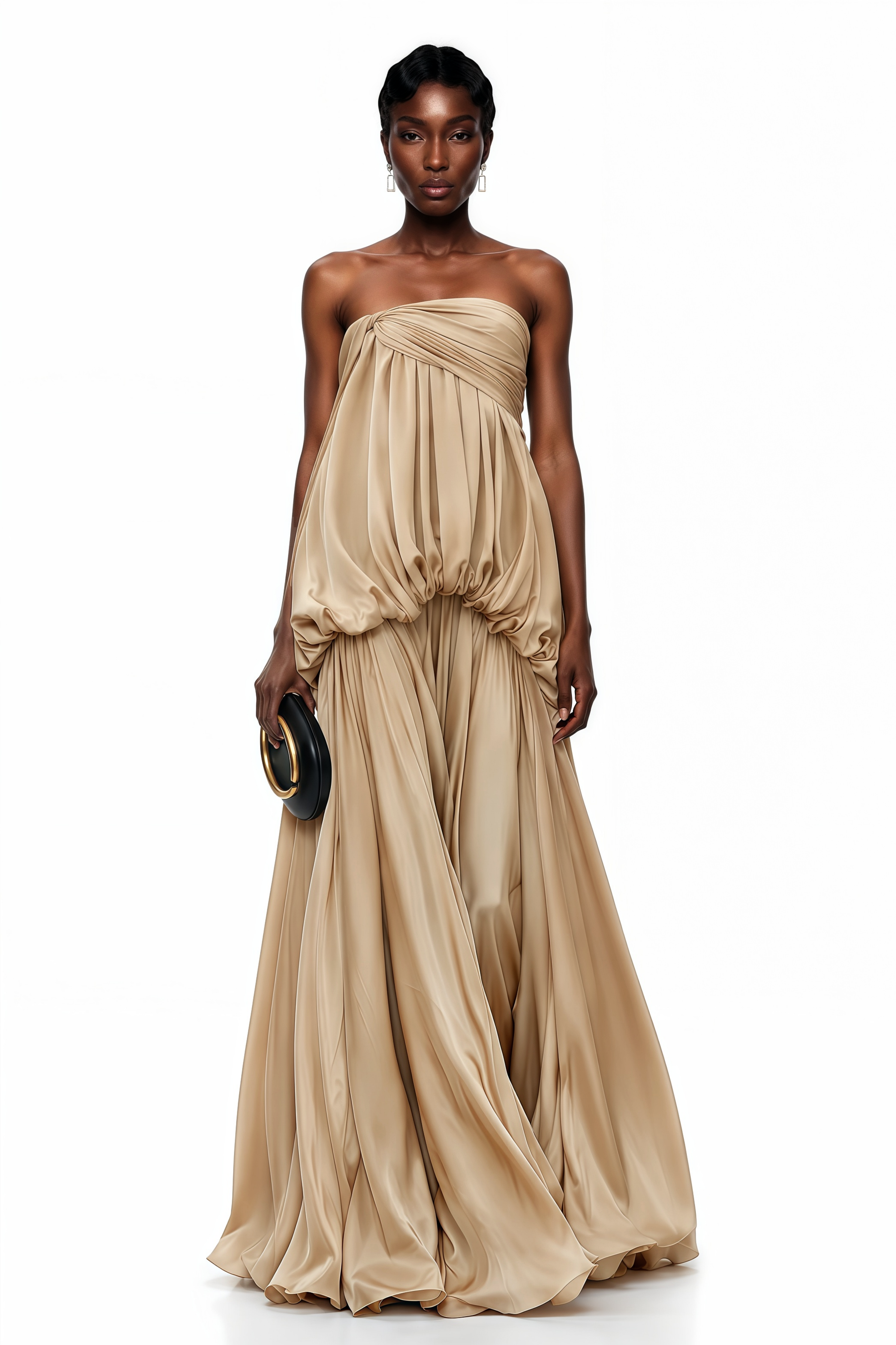 Elegant Champagne Satin Grecian Gown with Strapless Bodice and Voluminous Draped Skirt