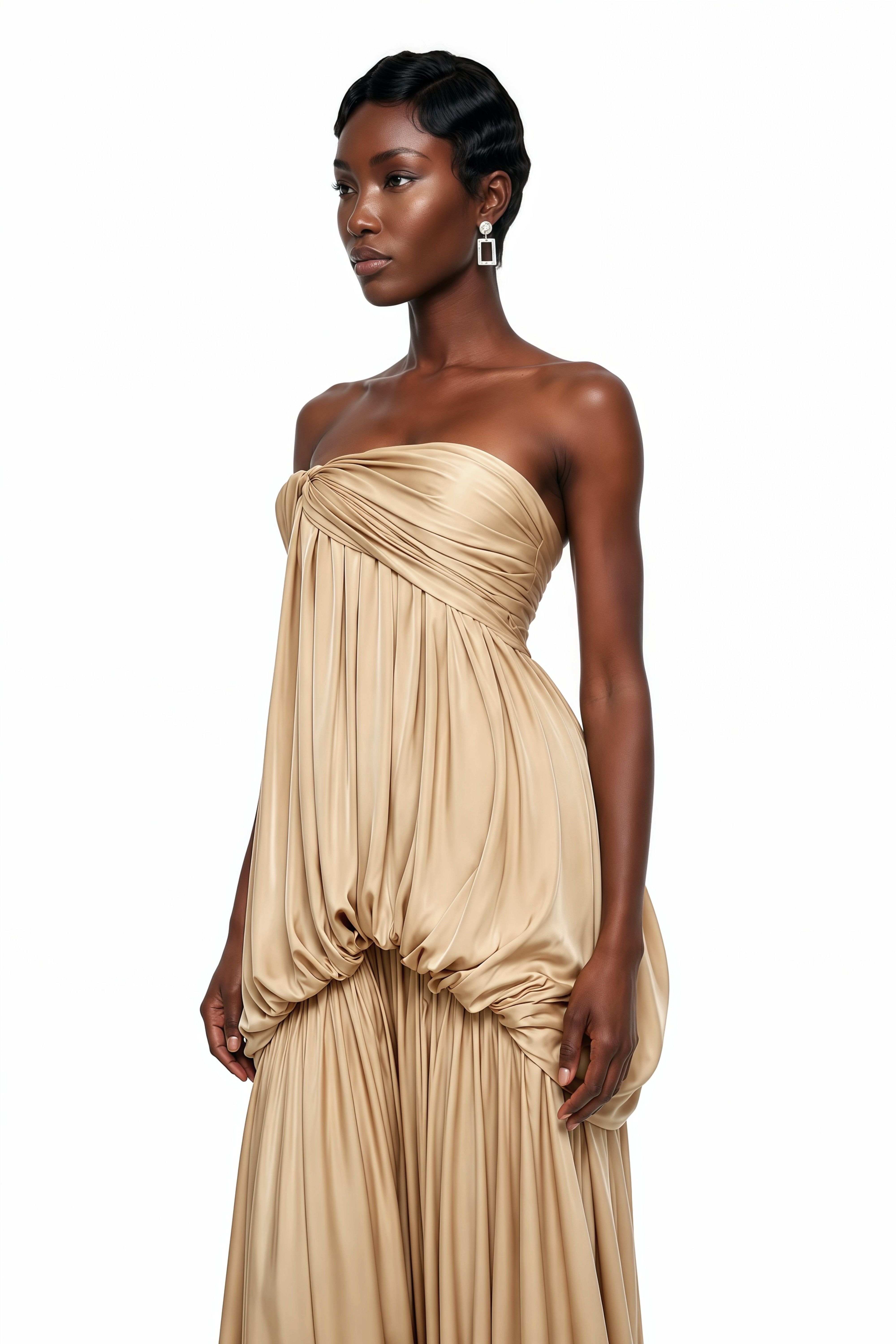 Elegant Champagne Satin Grecian Gown with Strapless Bodice and Voluminous Draped Skirt