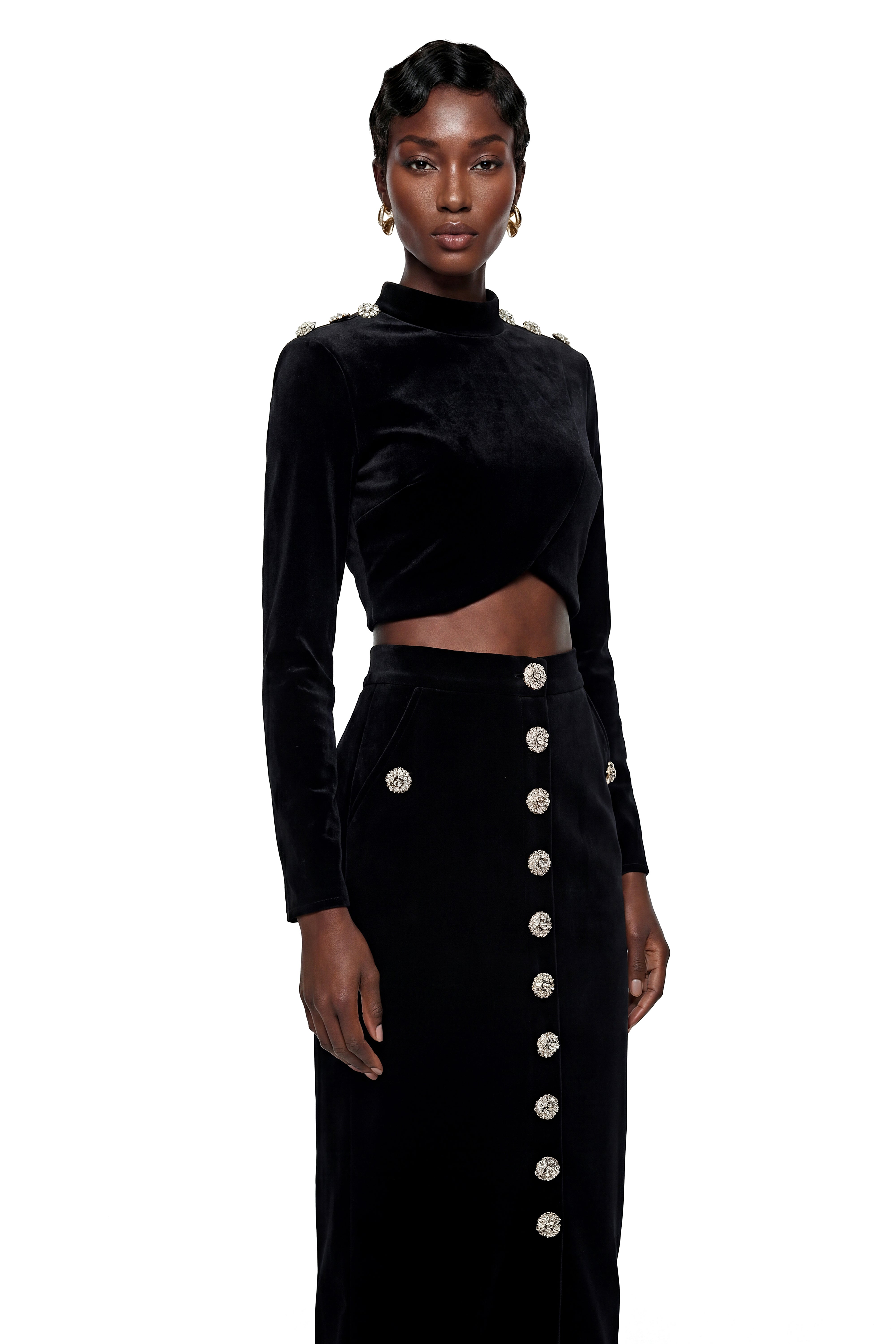 Acantha Black Embellished Crop Top & Skirt Set
