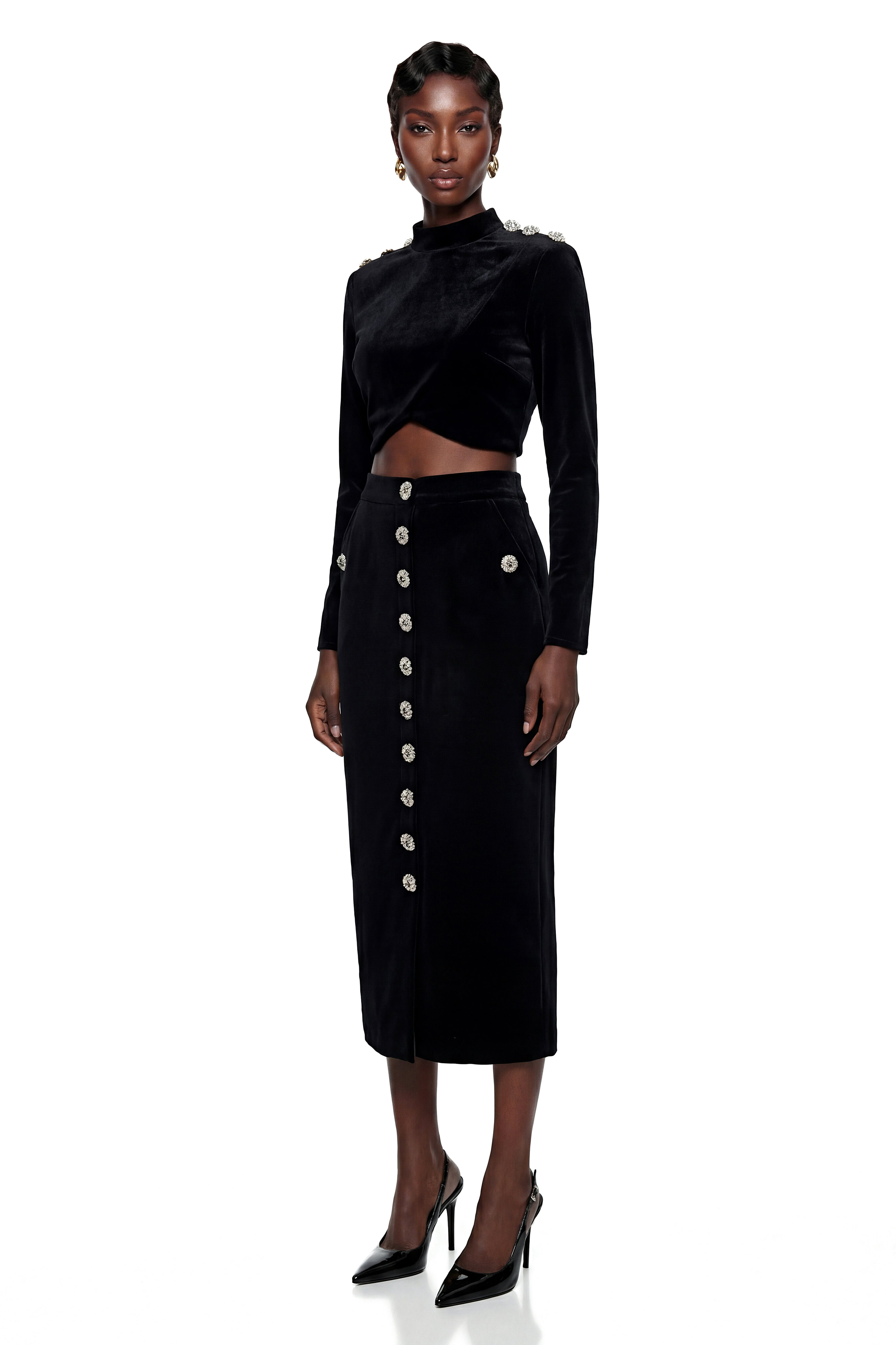 Acantha Black Embellished Crop Top & Skirt Set