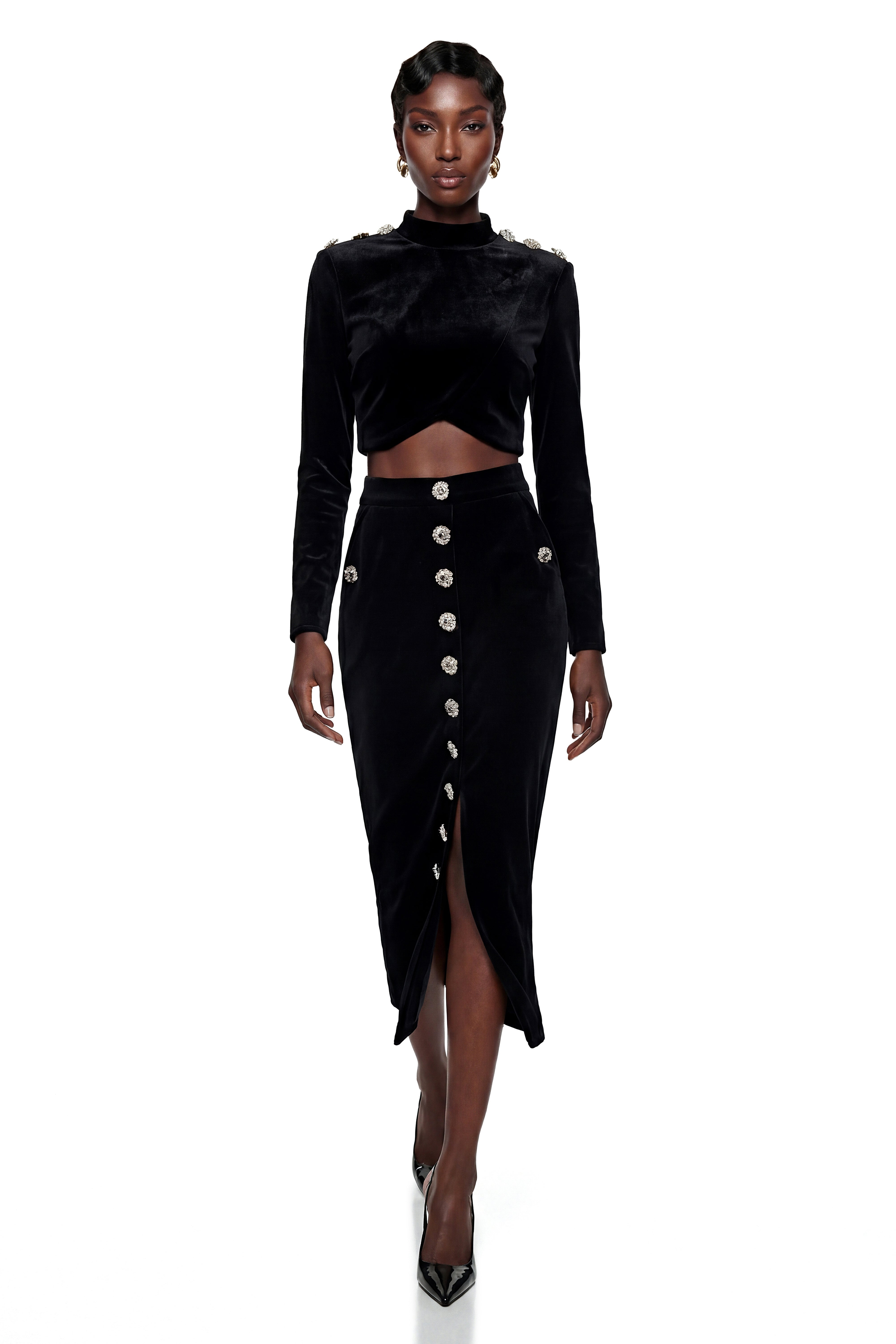 Acantha Black Embellished Crop Top & Skirt Set
