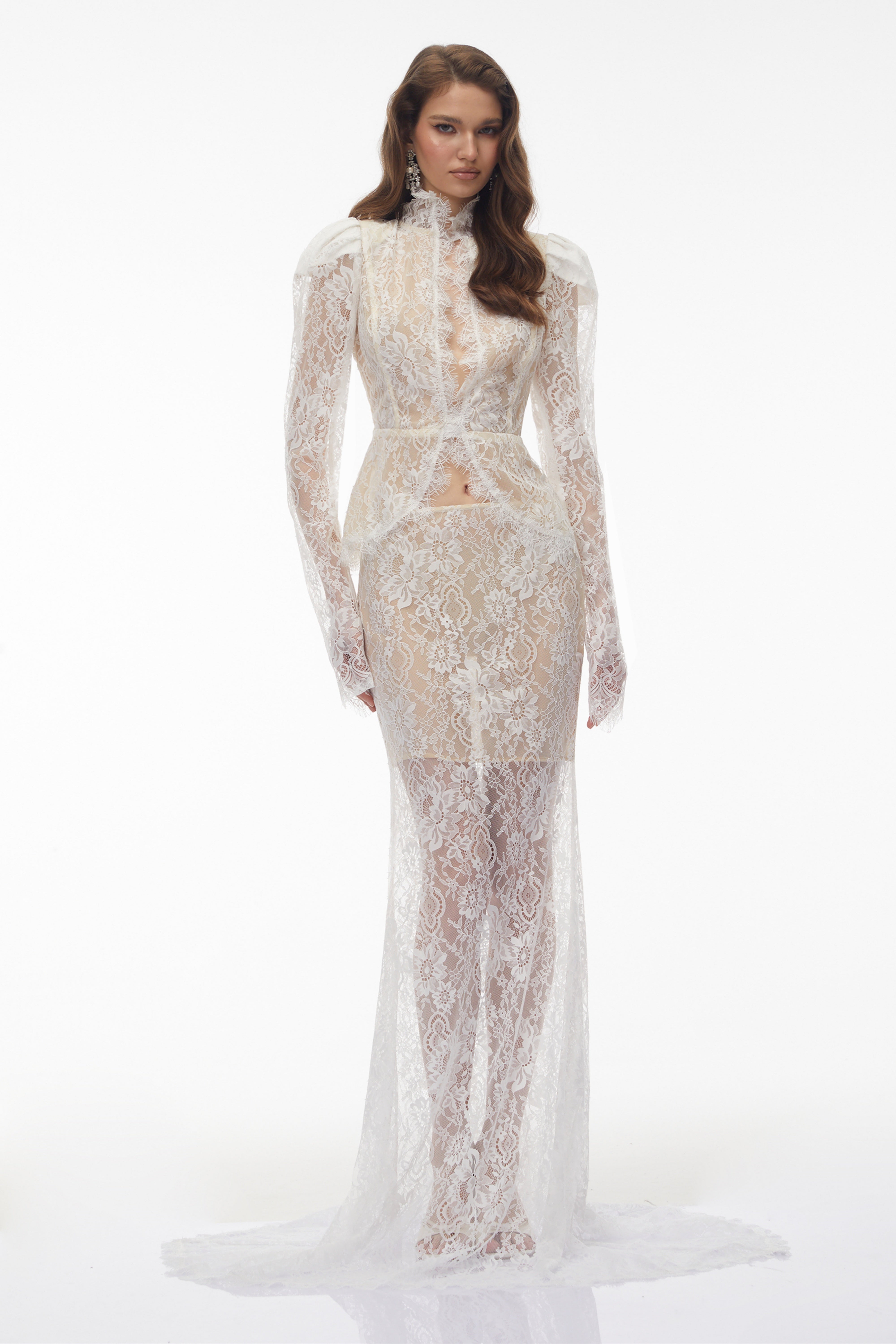 Set aus Adèle-Bluse mit weißen Puffärmeln und Blumenmuster sowie einem Meerjungfrauenrock