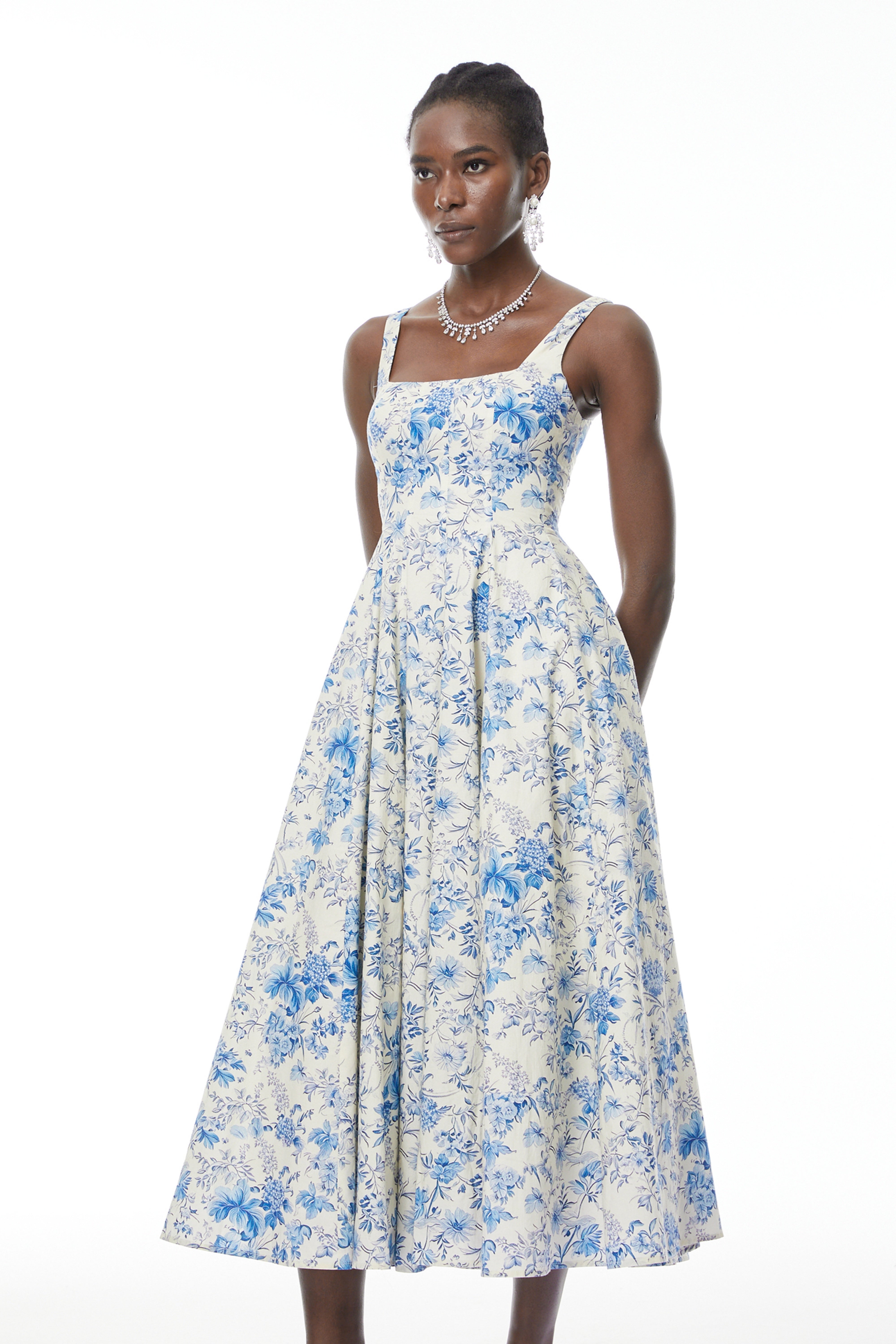 Adelheid Blue Floral Print Flared Midi Dress