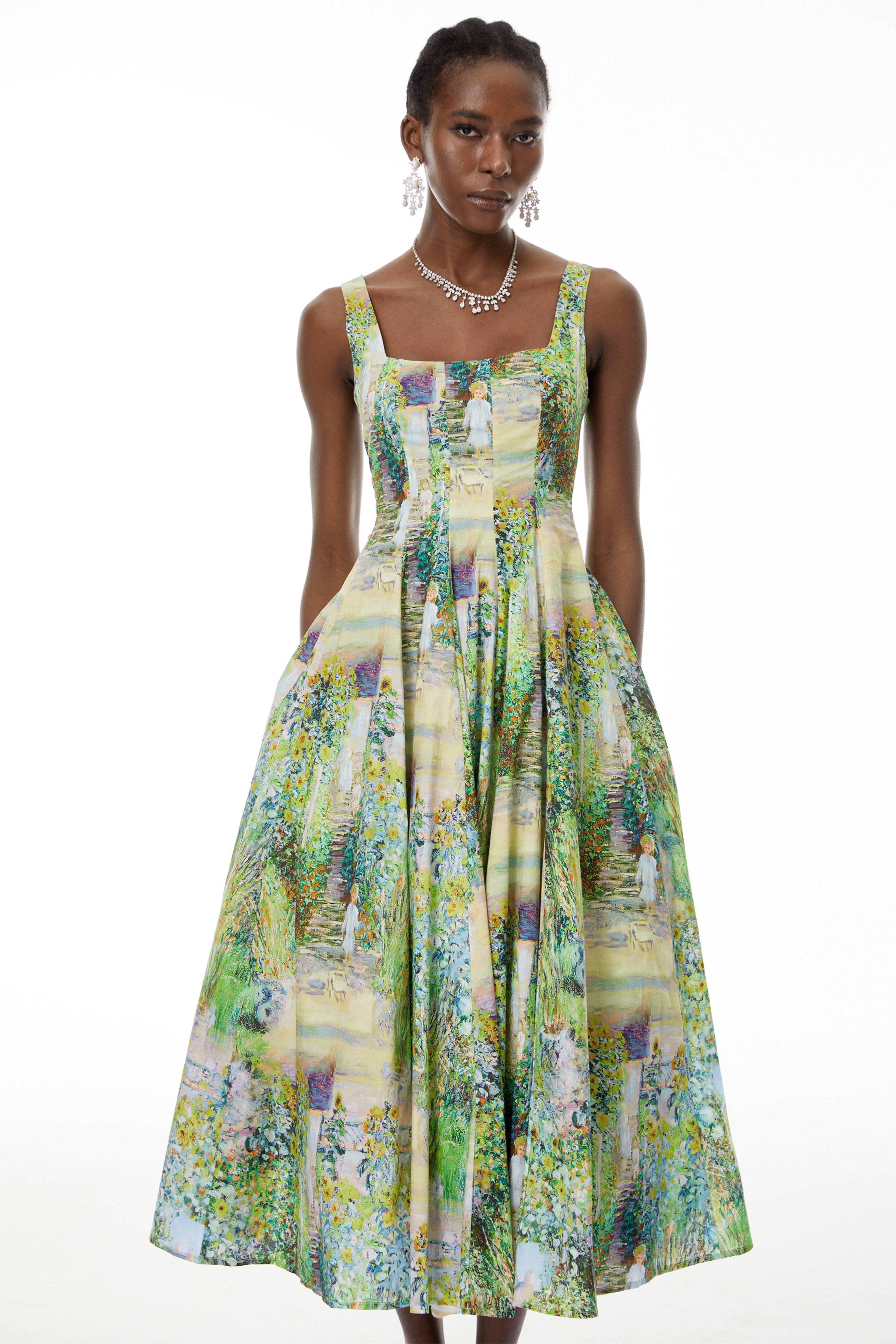Adelheid Green Floral Print Flared Midi Dress