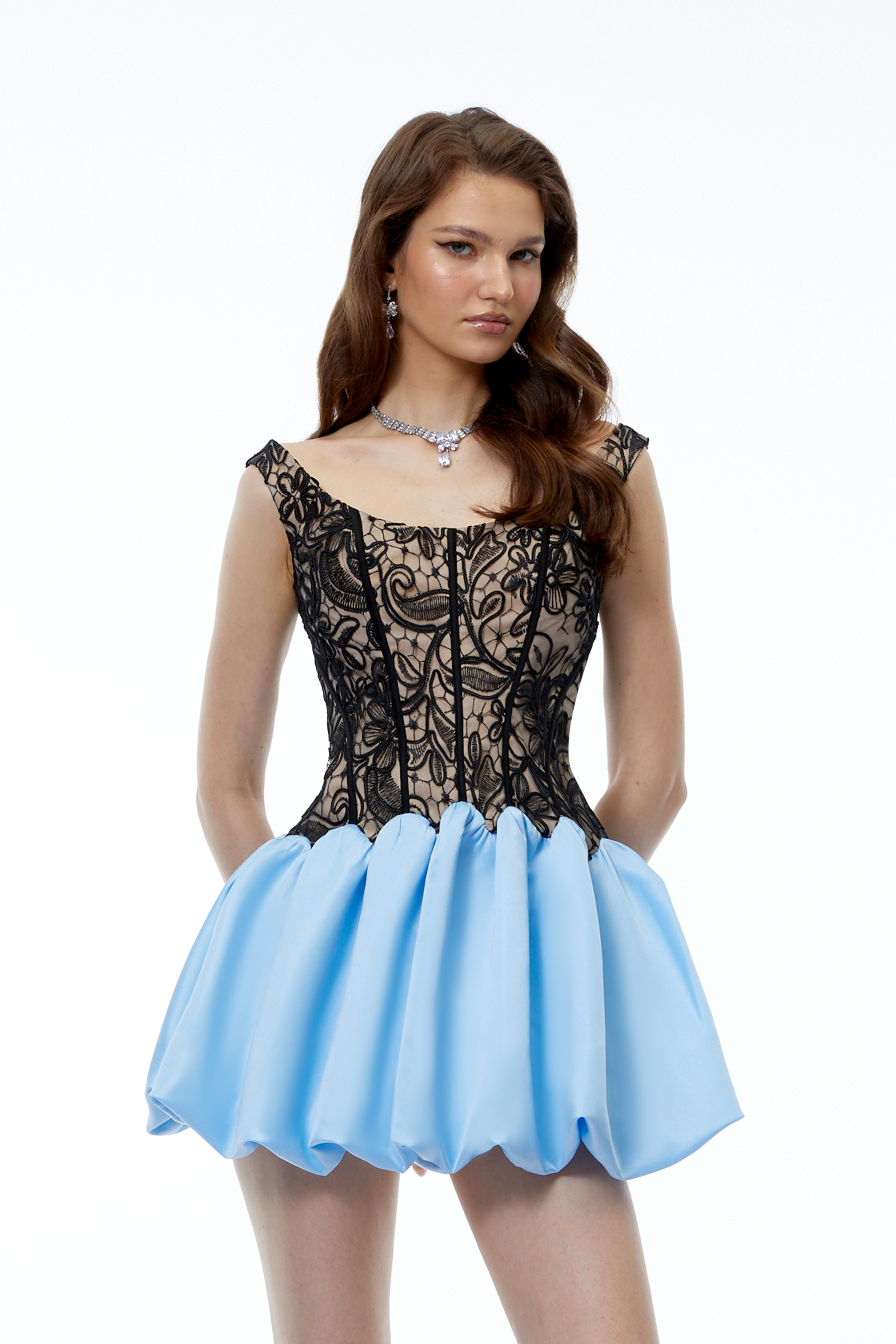 Adélia Blue Color Block Lace Panel Mini Dress