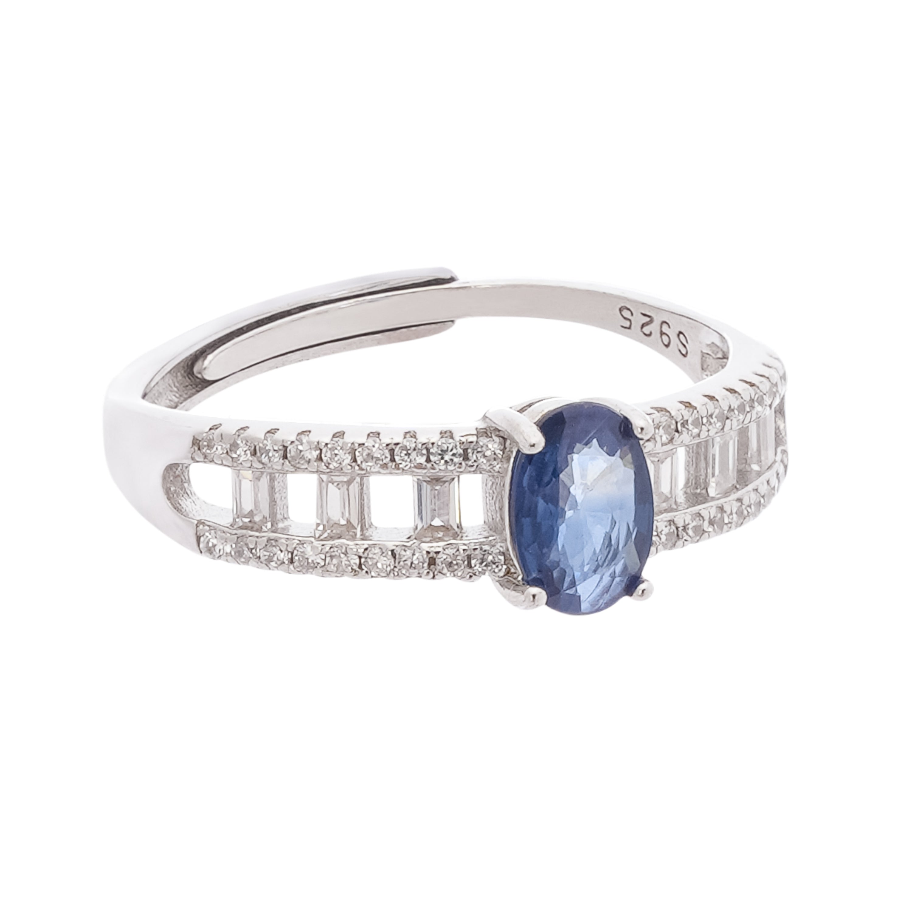 Adeline Sapphire Blue Oval Cut Openwork Baguette Sterling Silver Ring