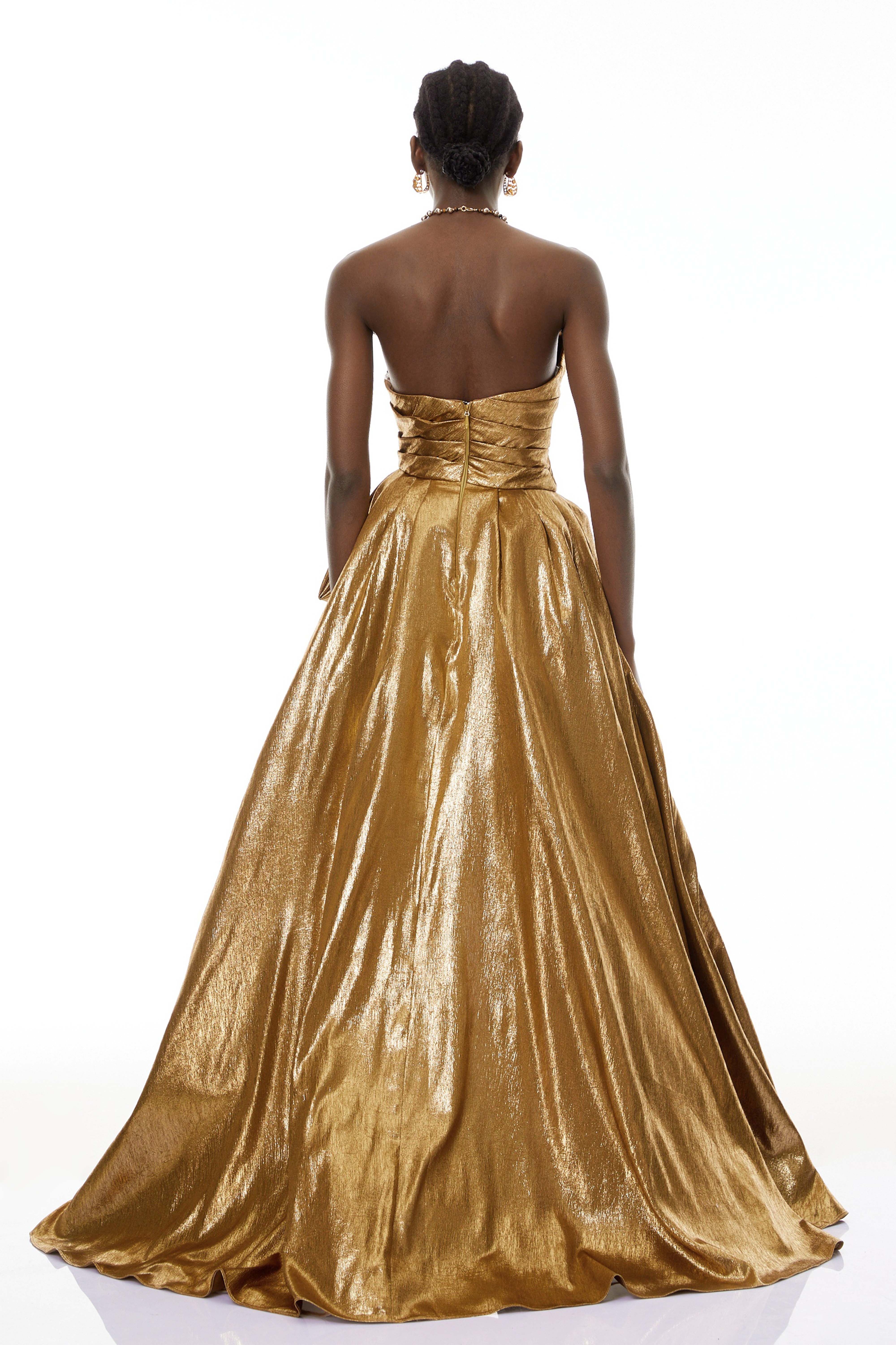 Adina Gold Glossy Asymmetrical Ruched Gown