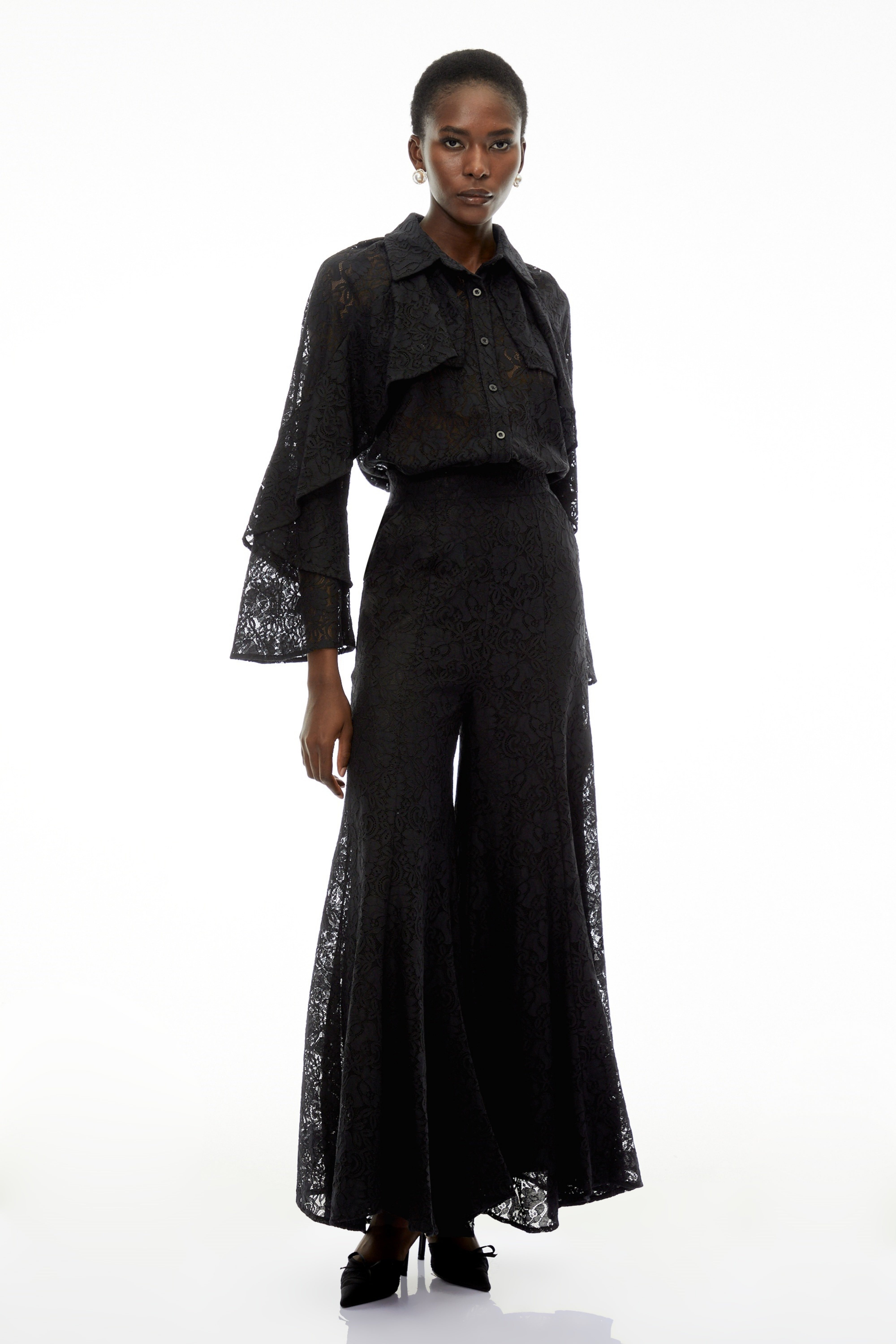 Adriana Black Long Sleeve Lace Blouse & Trousers Set (Final Sale)