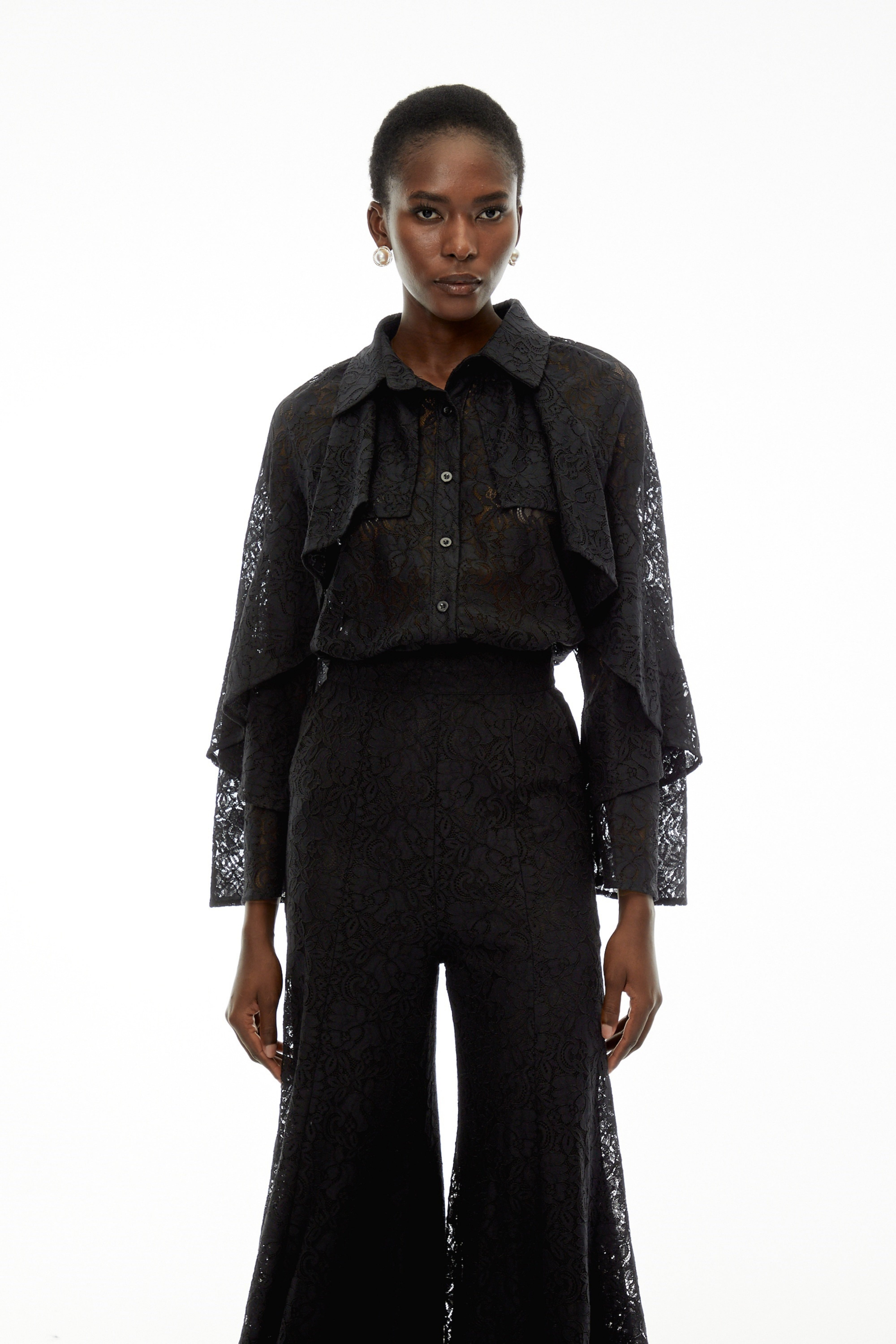 Adriana Black Long Sleeve Lace Blouse & Trousers Set (Final Sale)