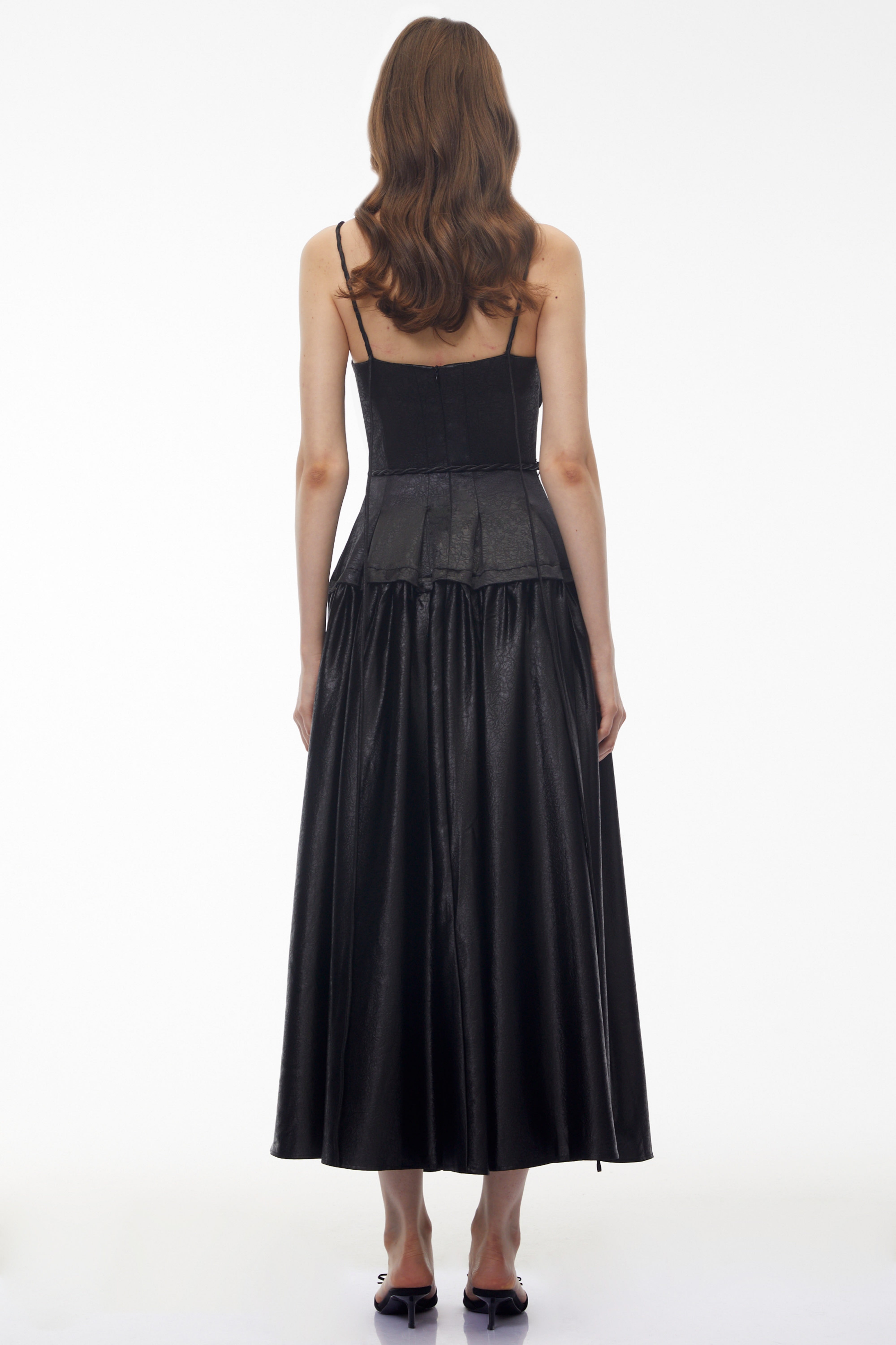 Adriana Black Pleated Maxi Dress with Ruffled Trim