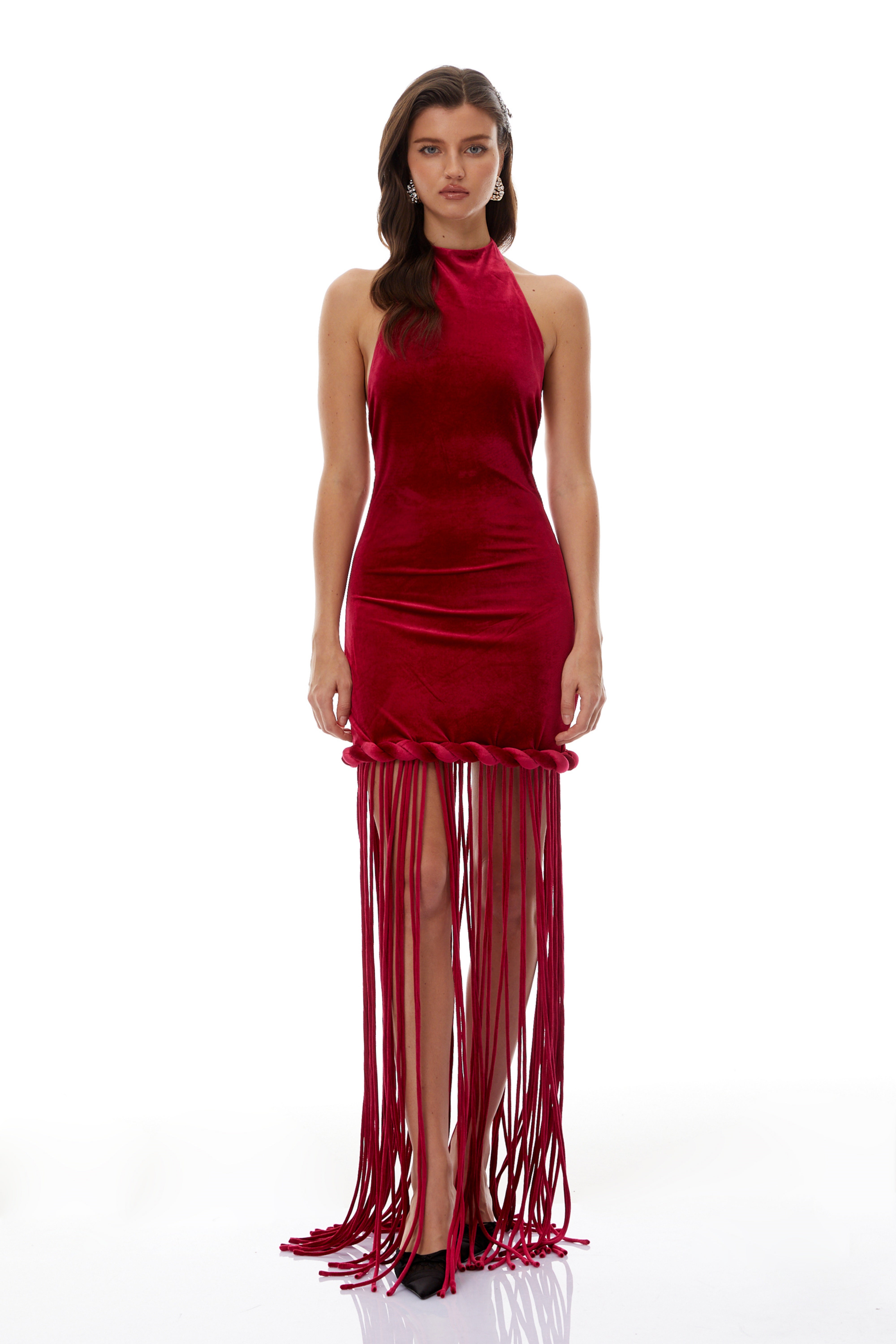 Aïda Red Halterneck Velvet Maxi Dress