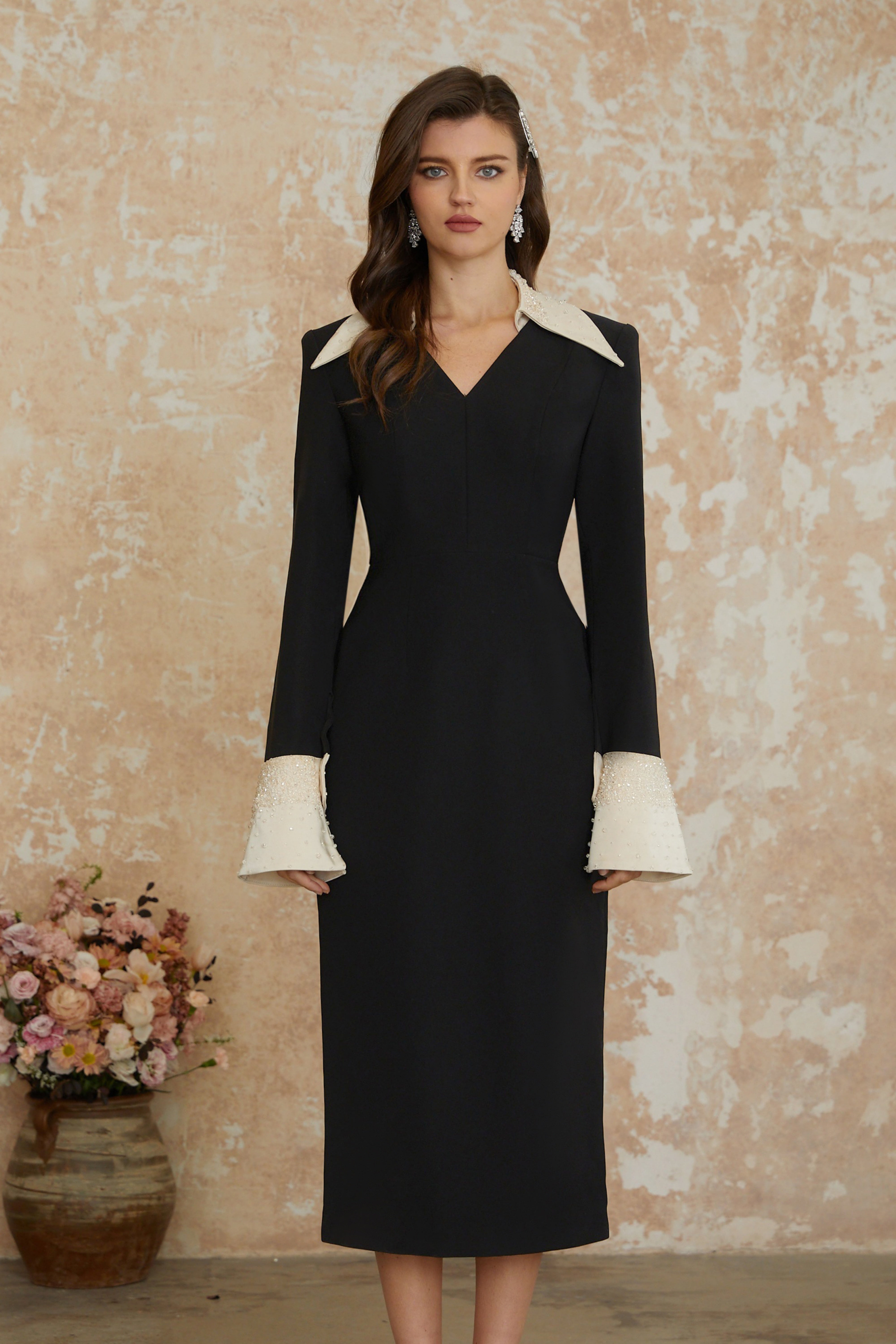 Aina Black Embellished Corset Midi Dress