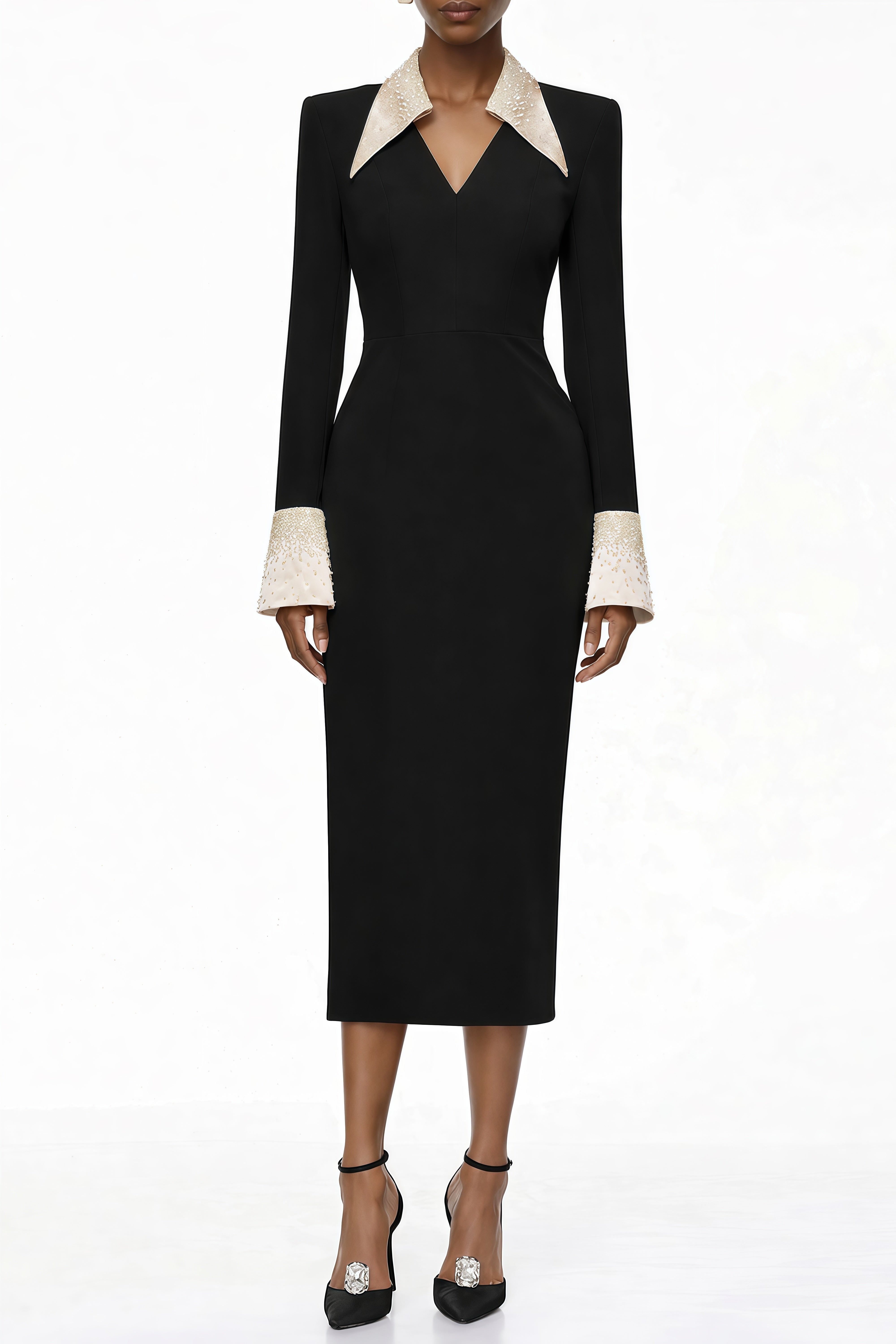 Aina Schwarzes Midi-Kleid mit verziertem Korsett