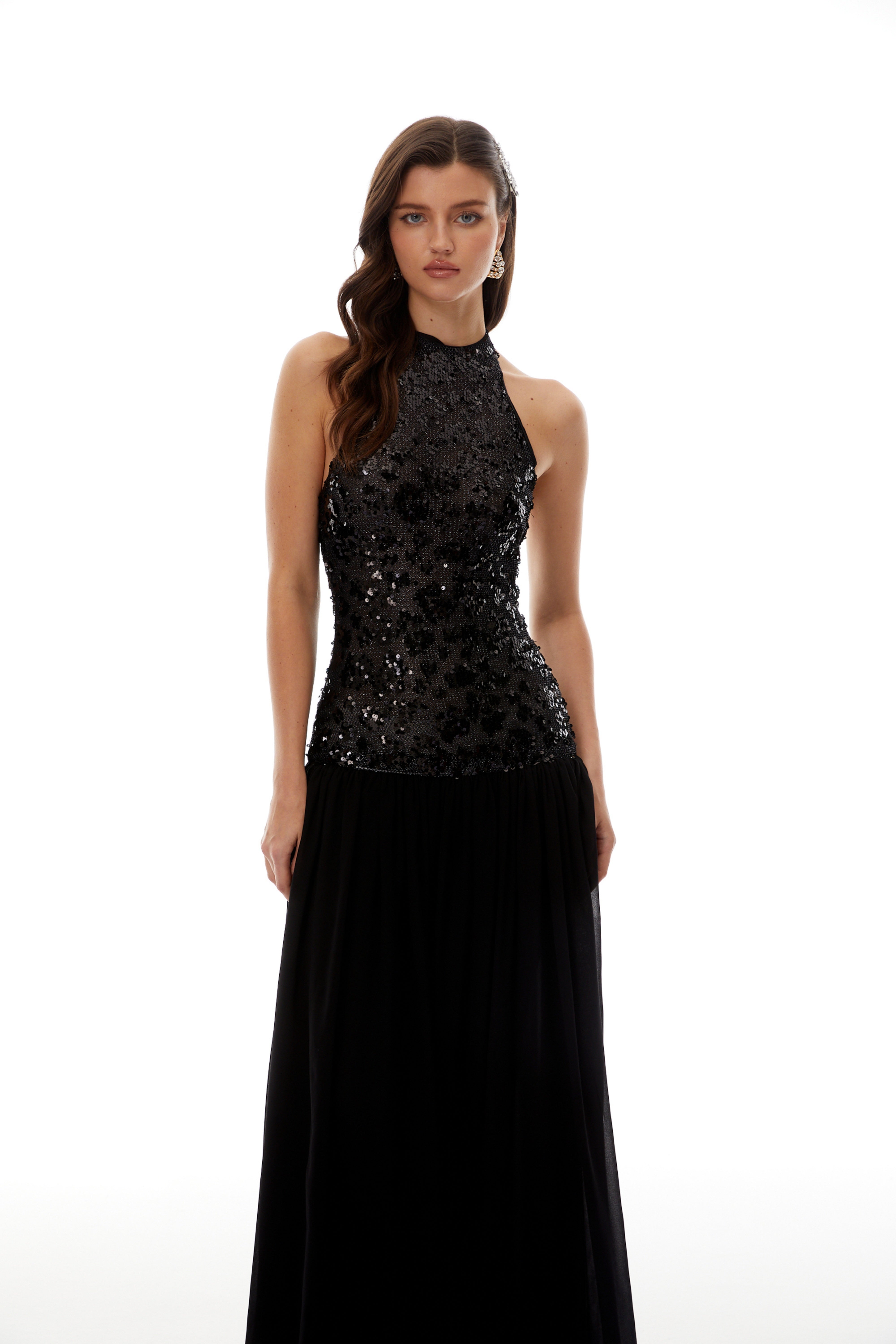 Ainoa Black Sequin Ruched Maxi Dress