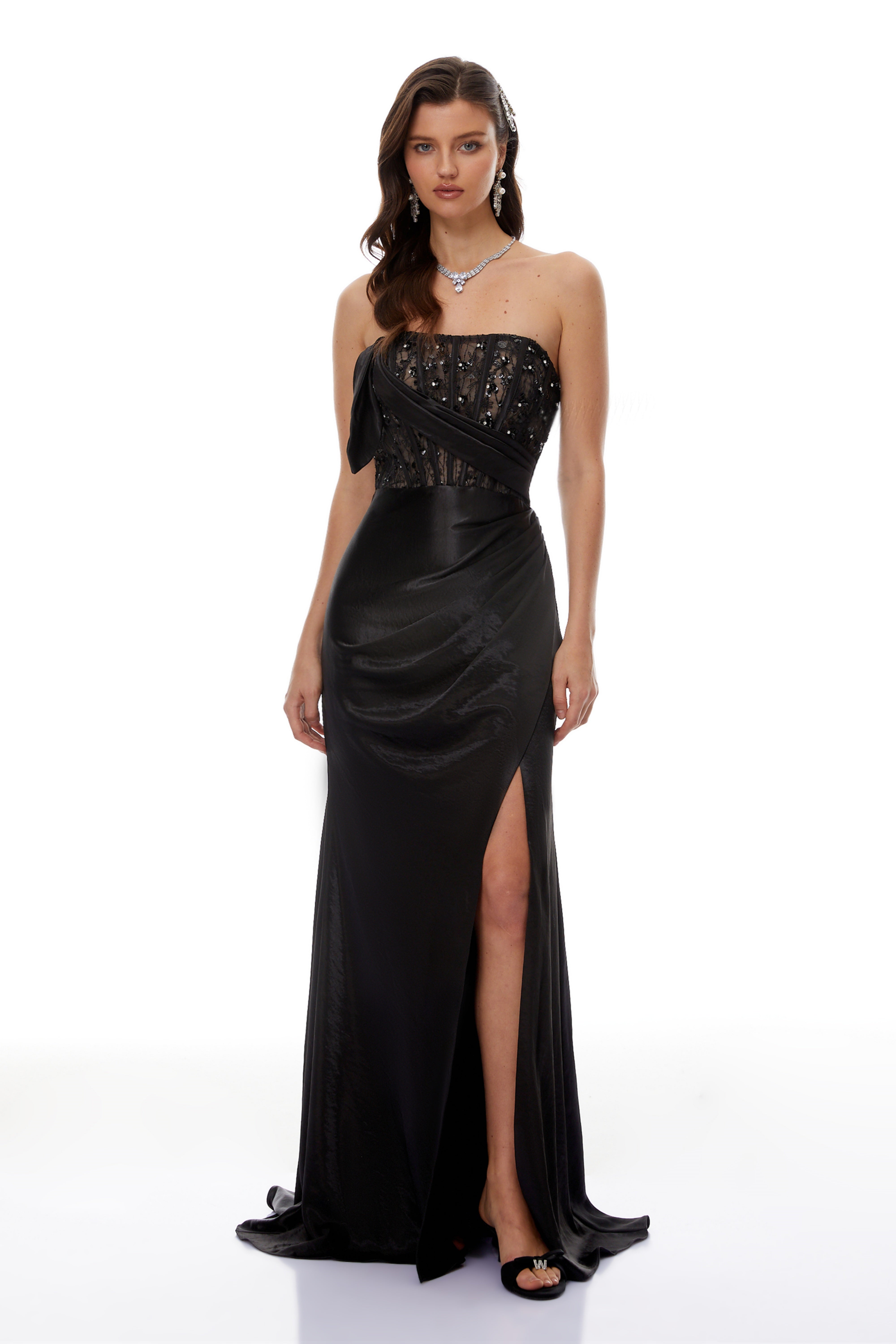 Aitziber Black Beaded Lace Sparkly Maxi Dress