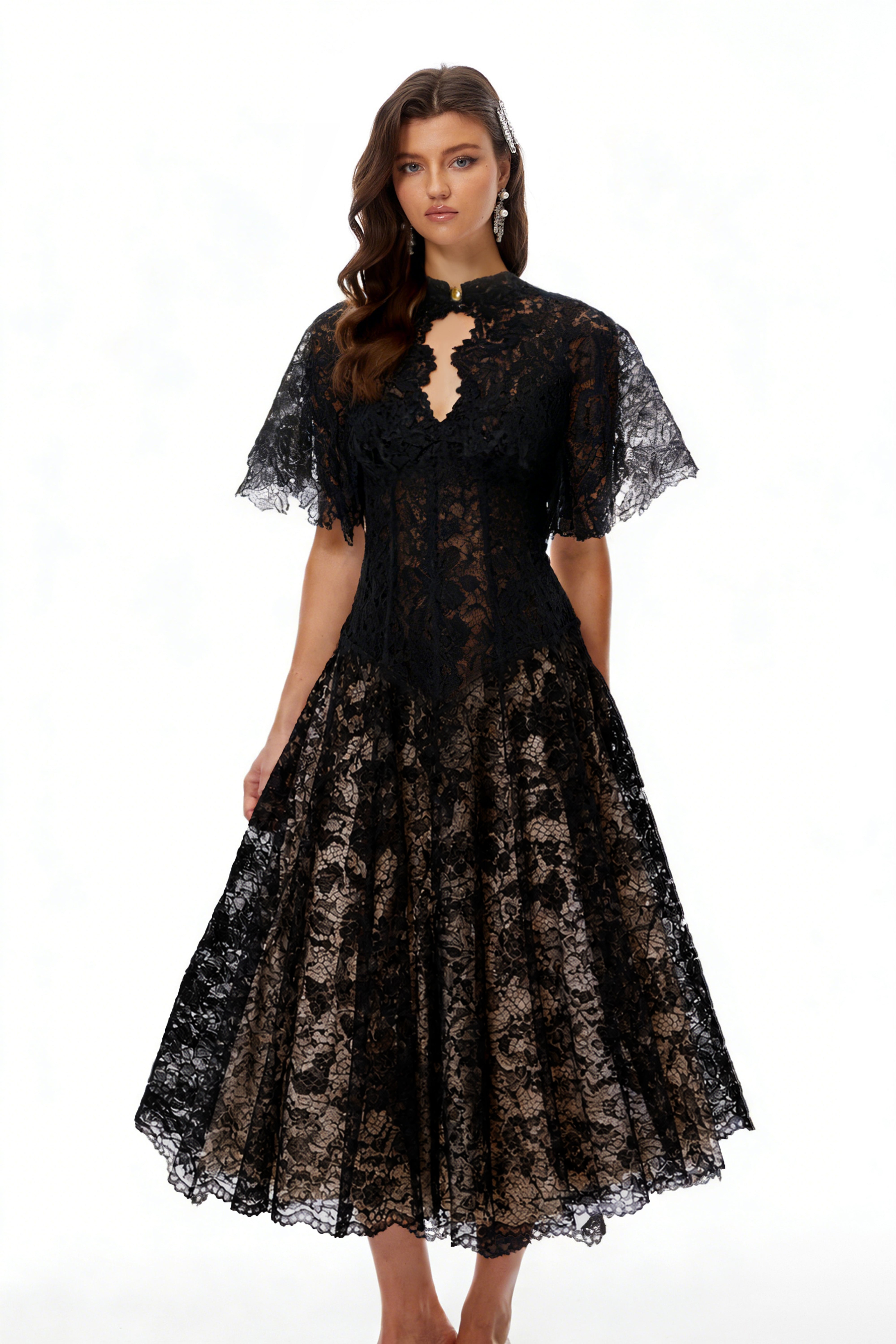 Alaia Black Cape Design Floral Lace Midi Dress