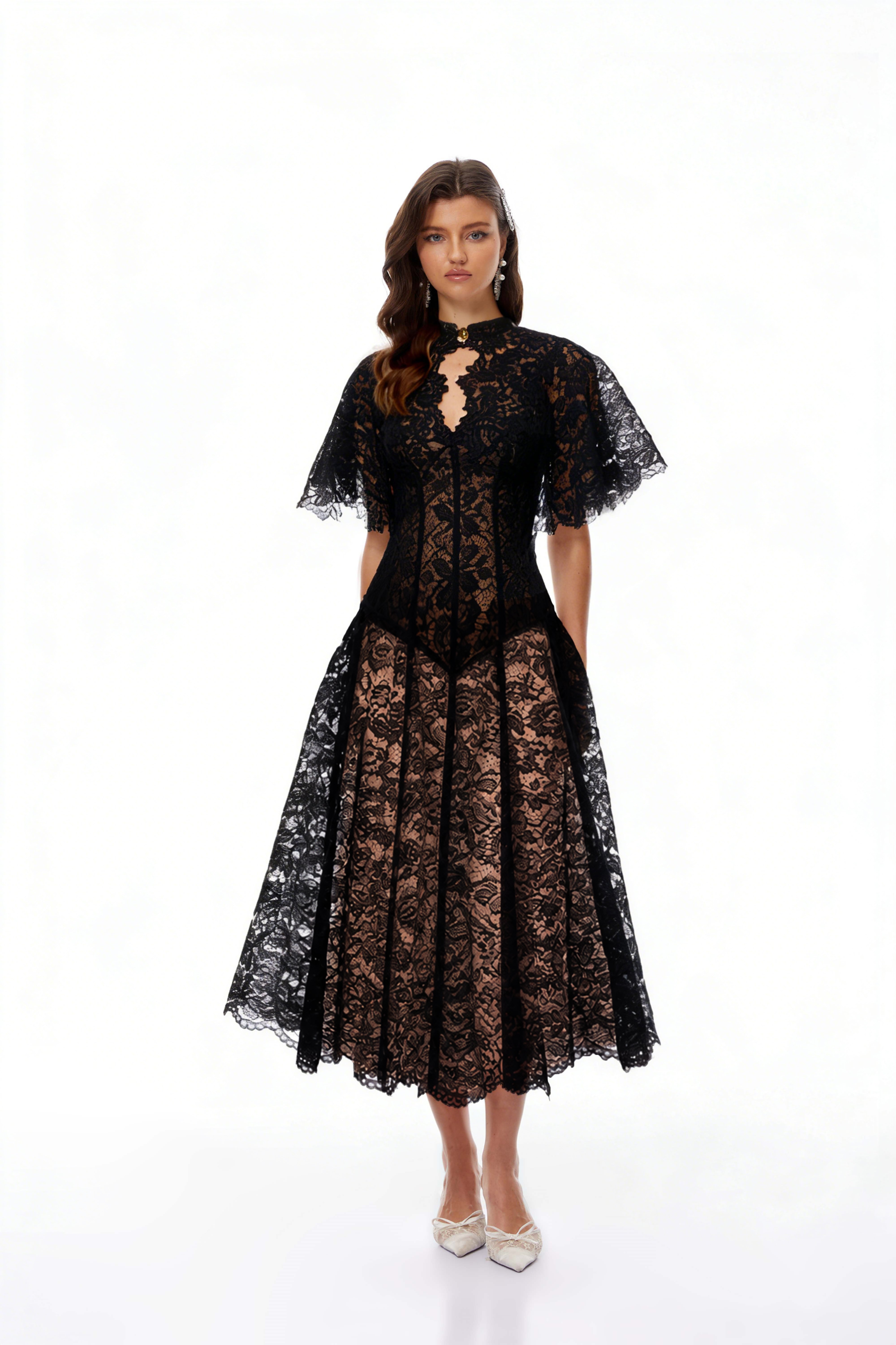 Alaia Black Cape Design Floral Lace Midi Dress (Final Sale-US Only)