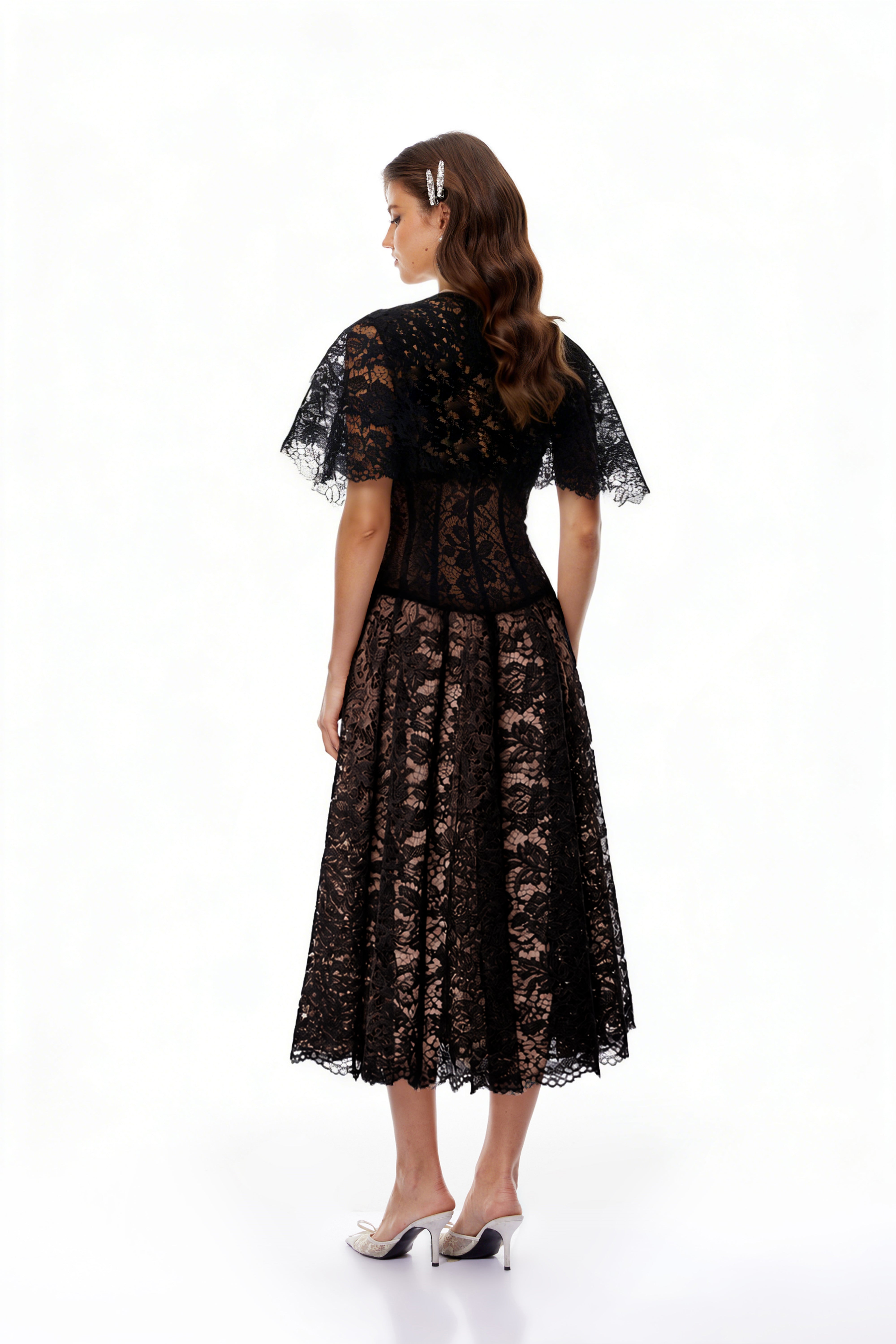 Alaia Black Cape Design Floral Lace Midi Dress (Final Sale-US Only)