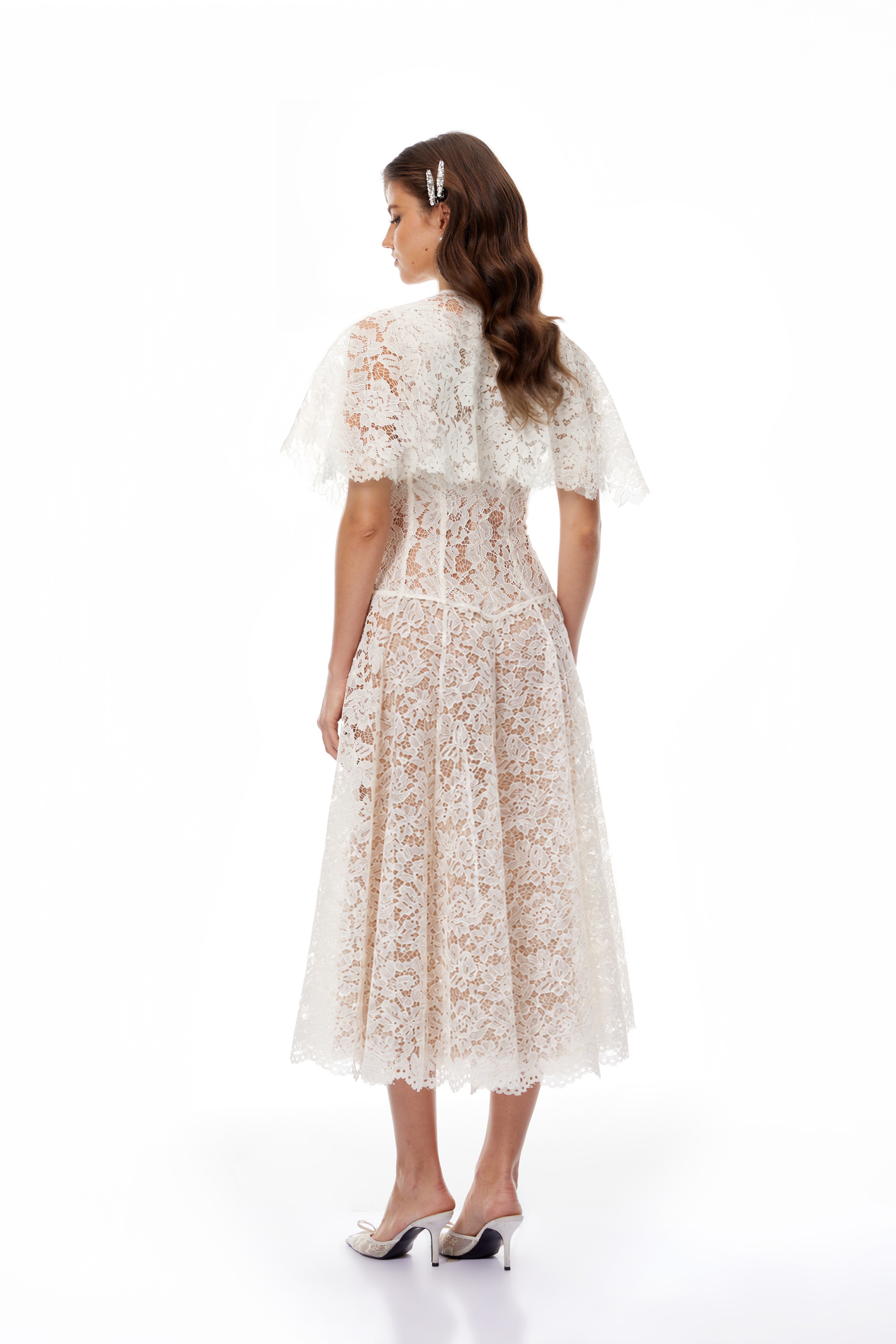 Alaia White Cape Design Floral Lace Midi Dress (Final Sale-US Only)