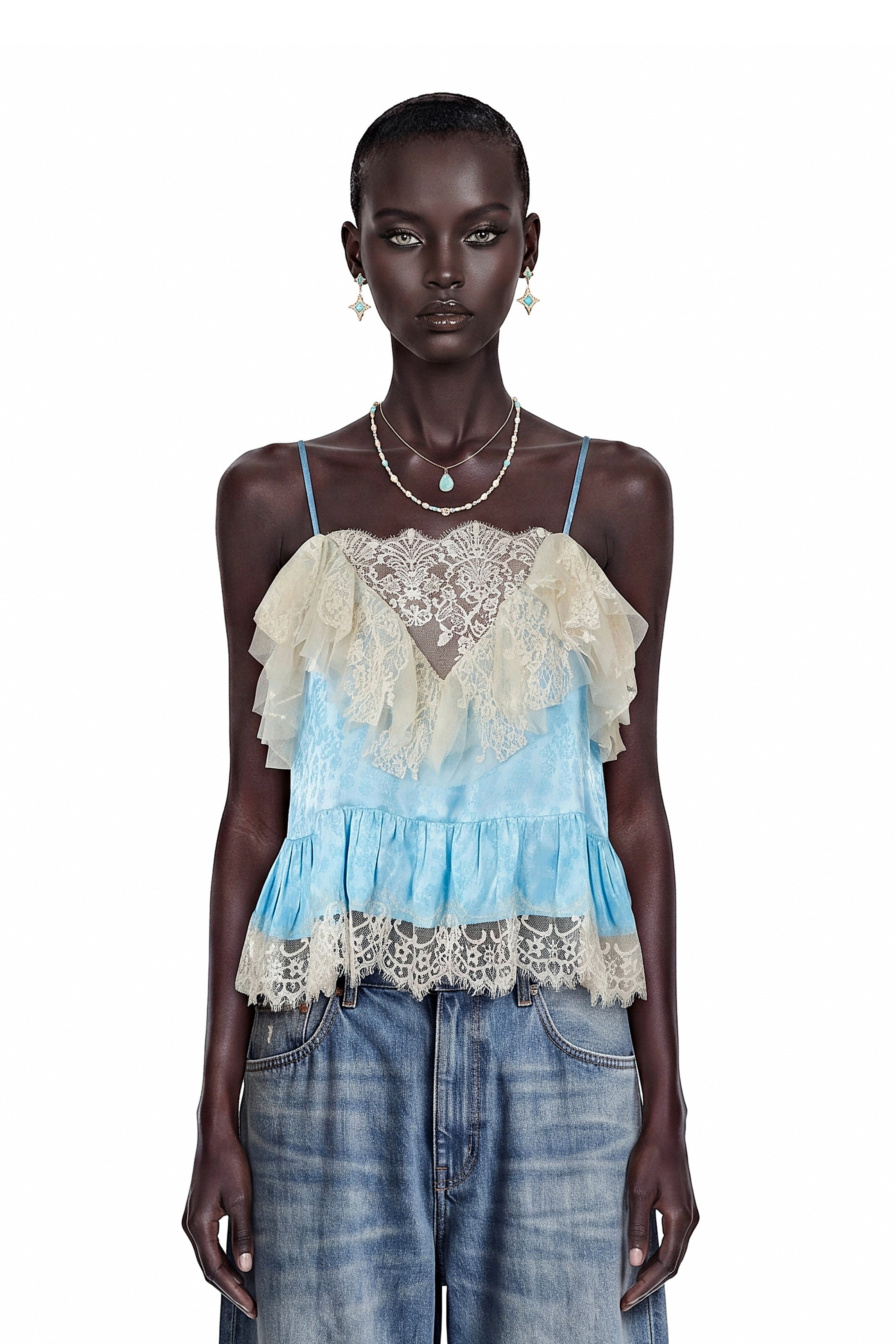 Alba Blue Spaghetti Straps Lace Detail Top