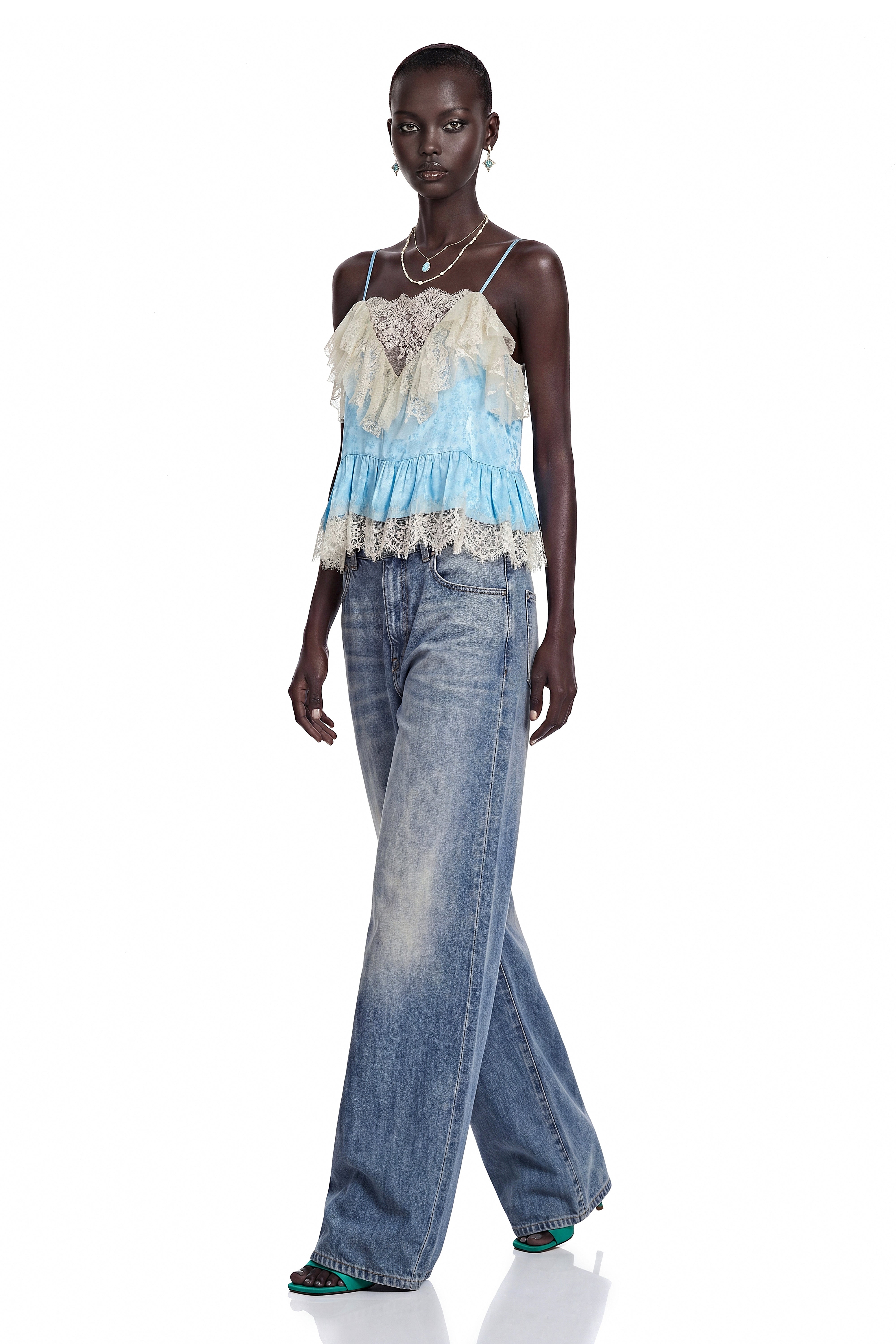 Alba Blue Spaghetti Straps Lace Detail Top