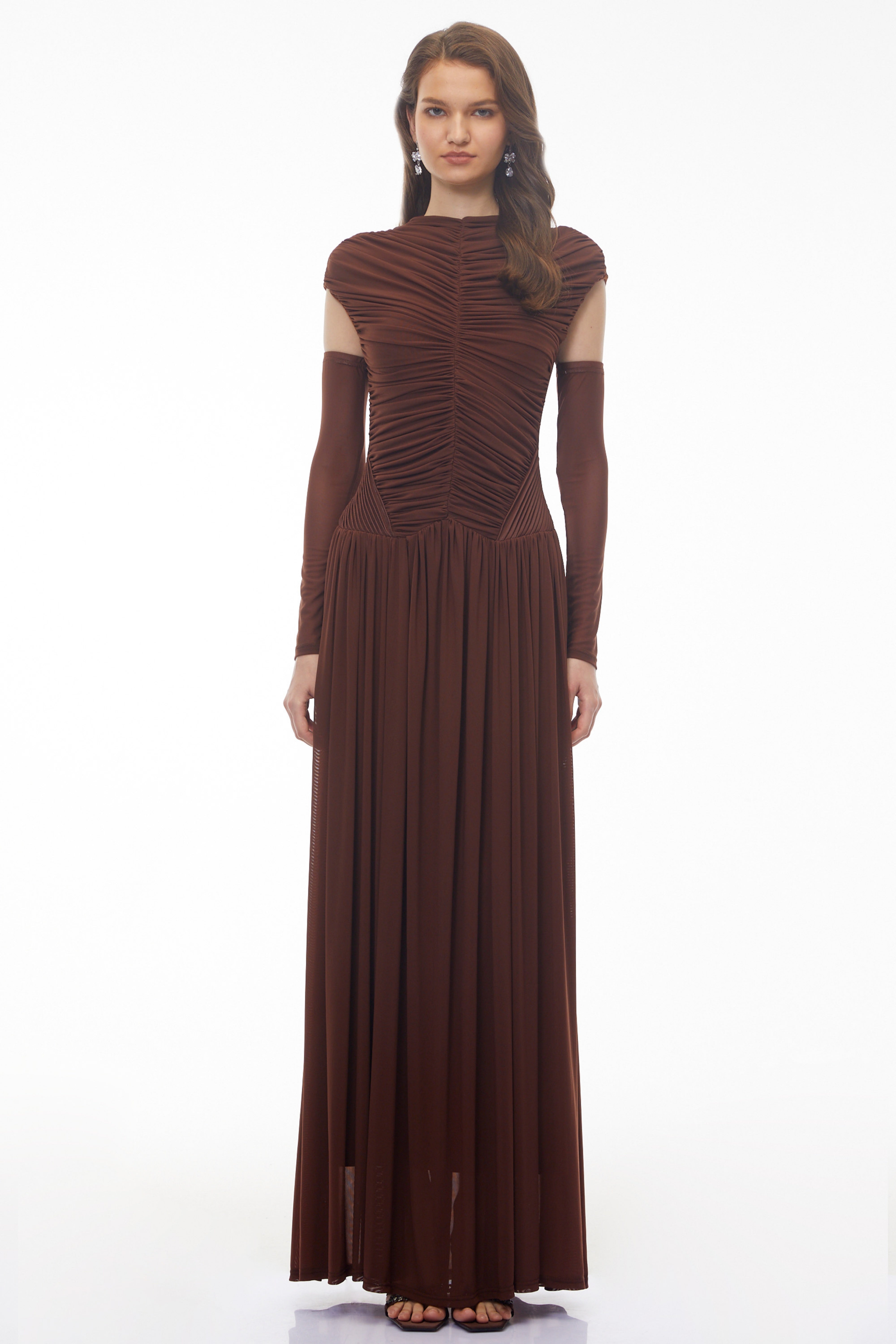 Alberte Brown Mock Neck Ruched Maxi Dress