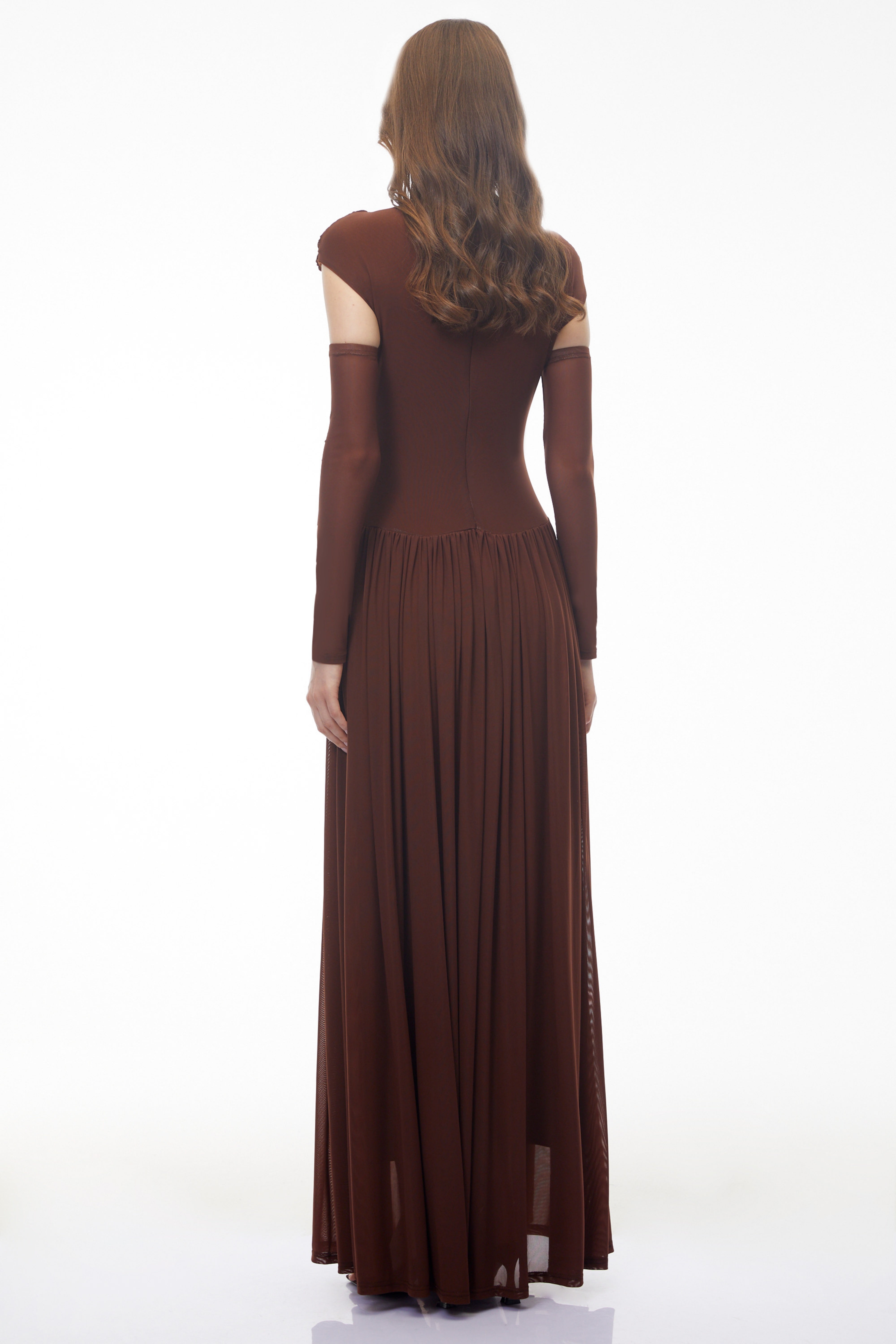 Alberte Brown Mock Neck Ruched Maxi Dress