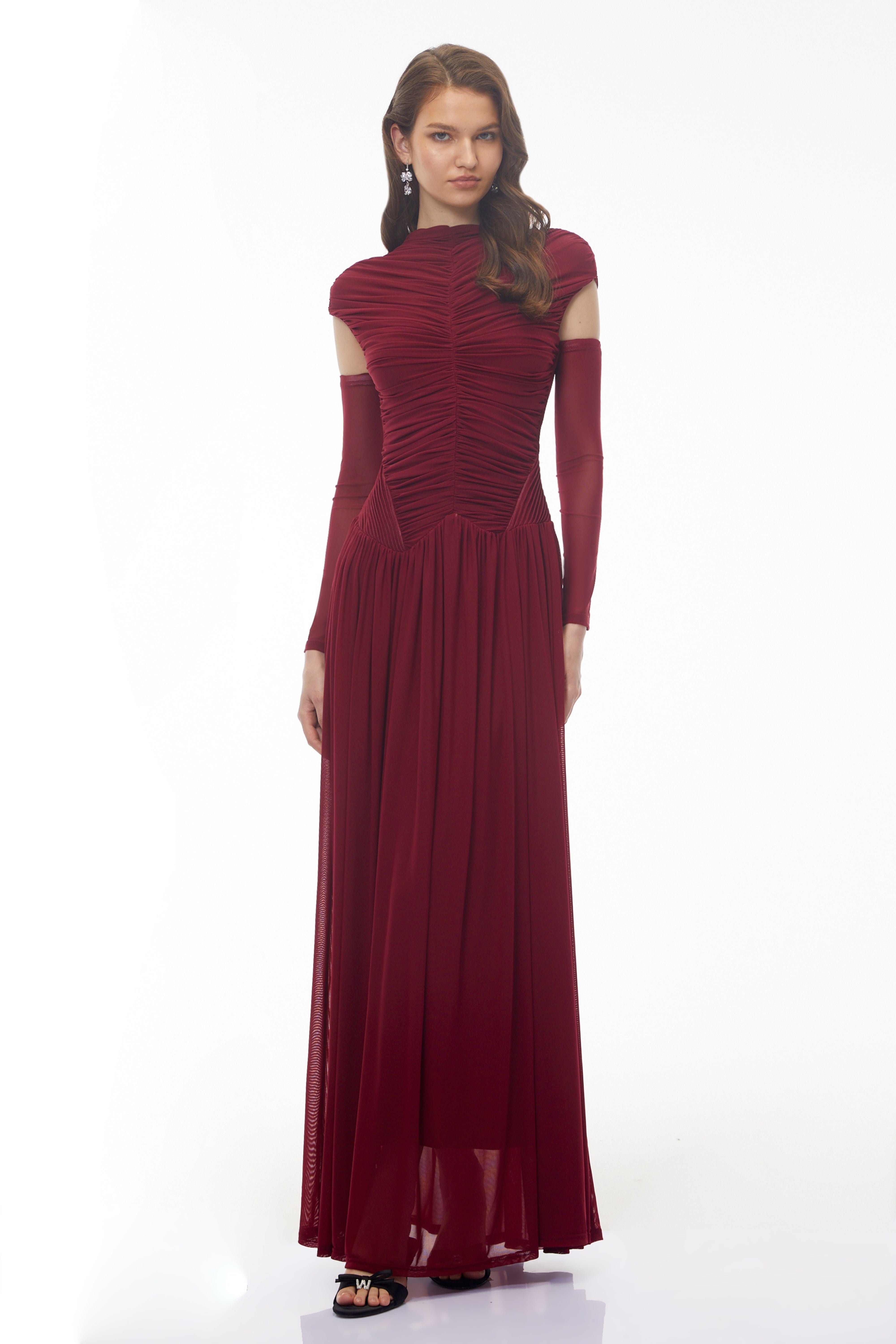 Alberte Red Mock Neck Ruched Maxi Dress