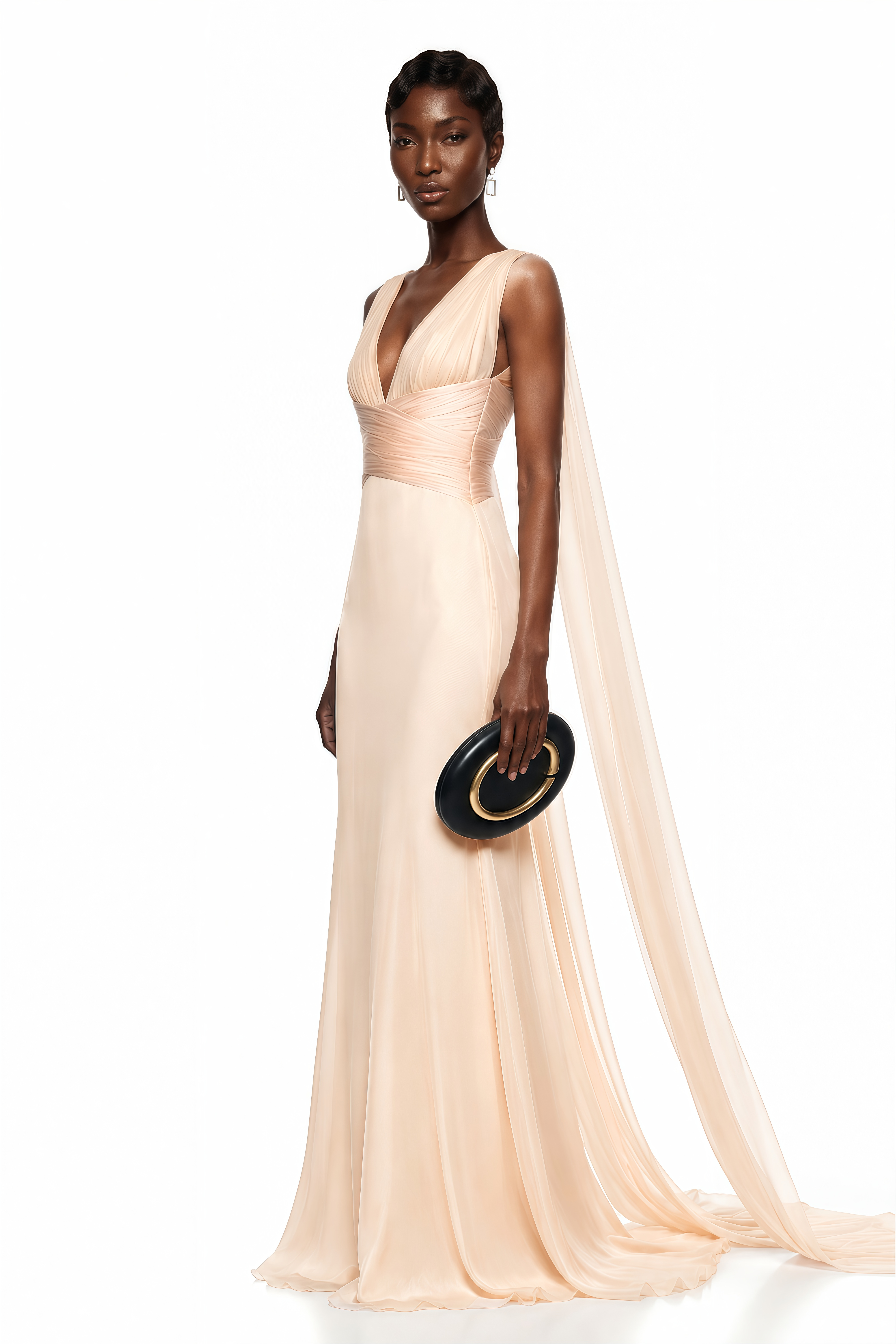 Alcyone Beige Plunge Neck Ruched Maxi Dress