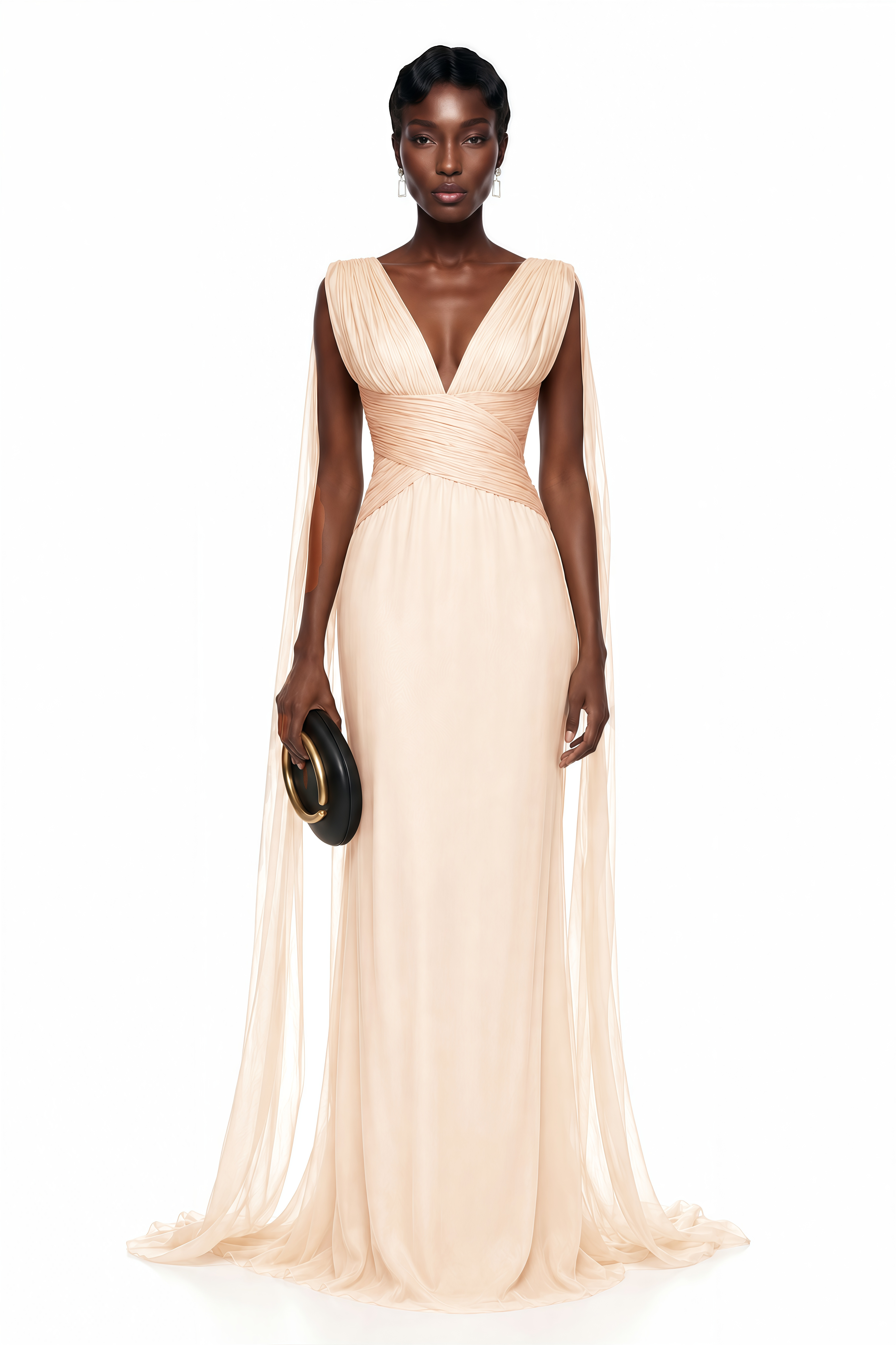 Alcyone Beige Plunge Neck Ruched Maxi Dress