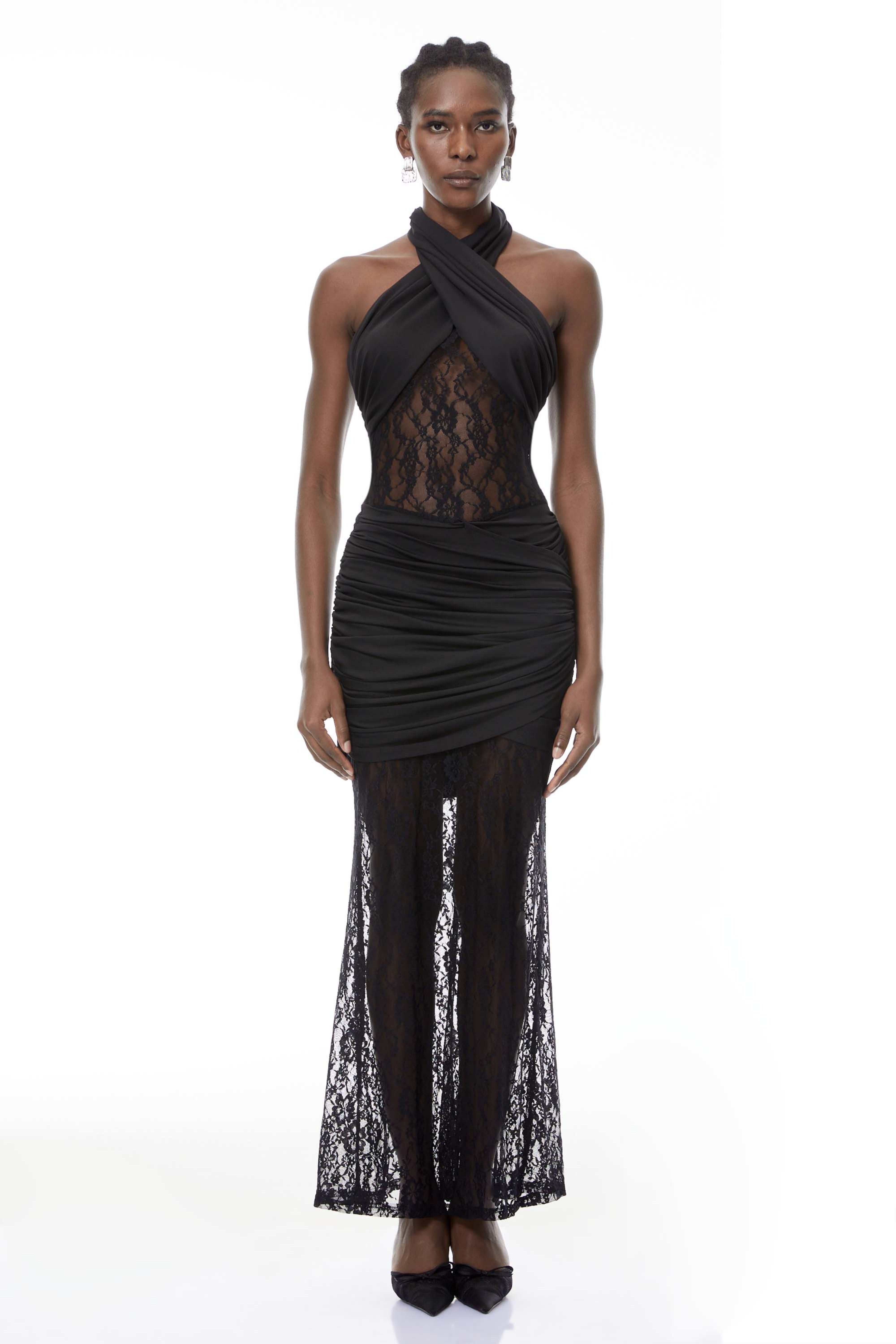 Alice Black Halterneck Lace Maxi Dress