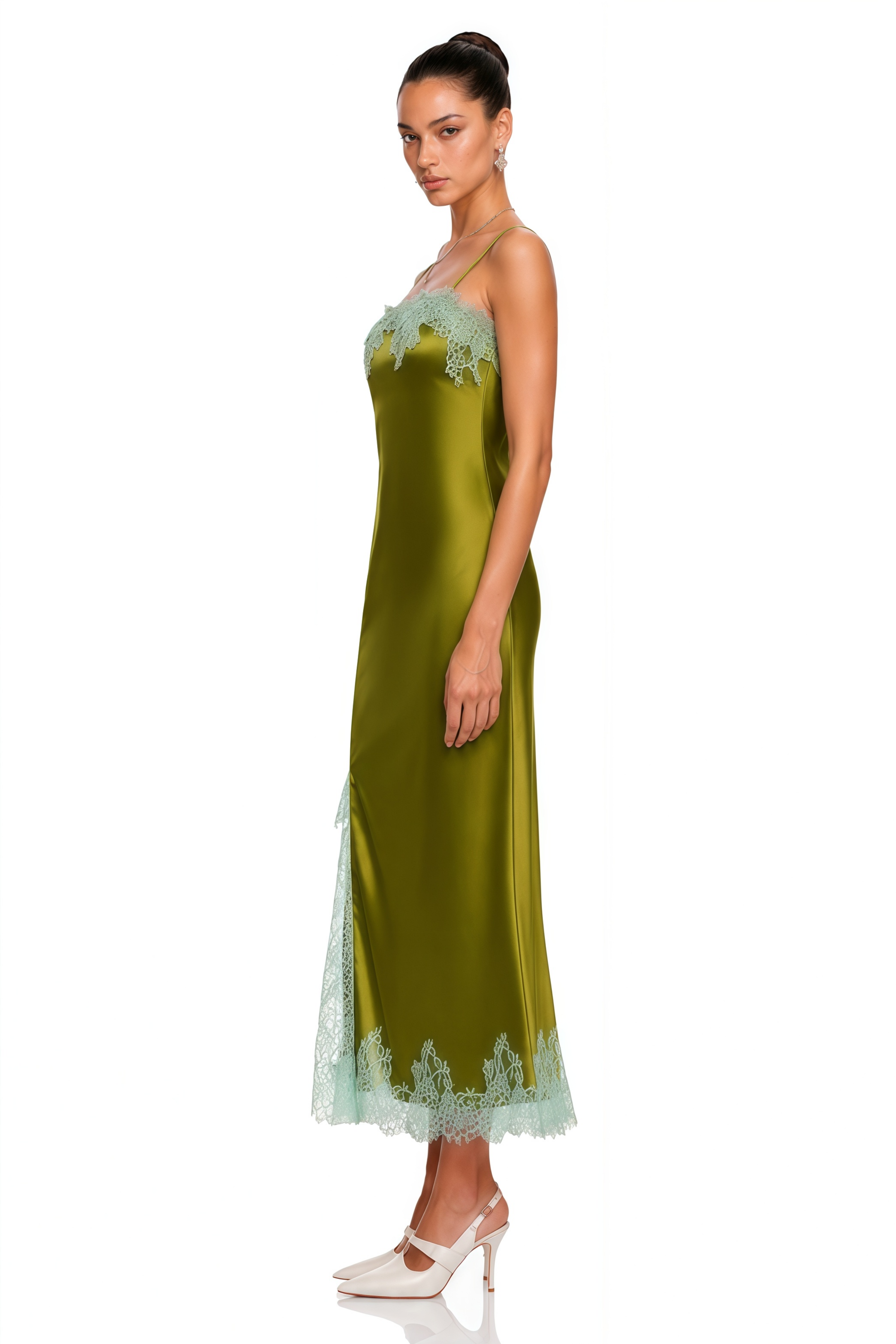 Alina Olive Green Satin Maxi Dress with Lace Trim